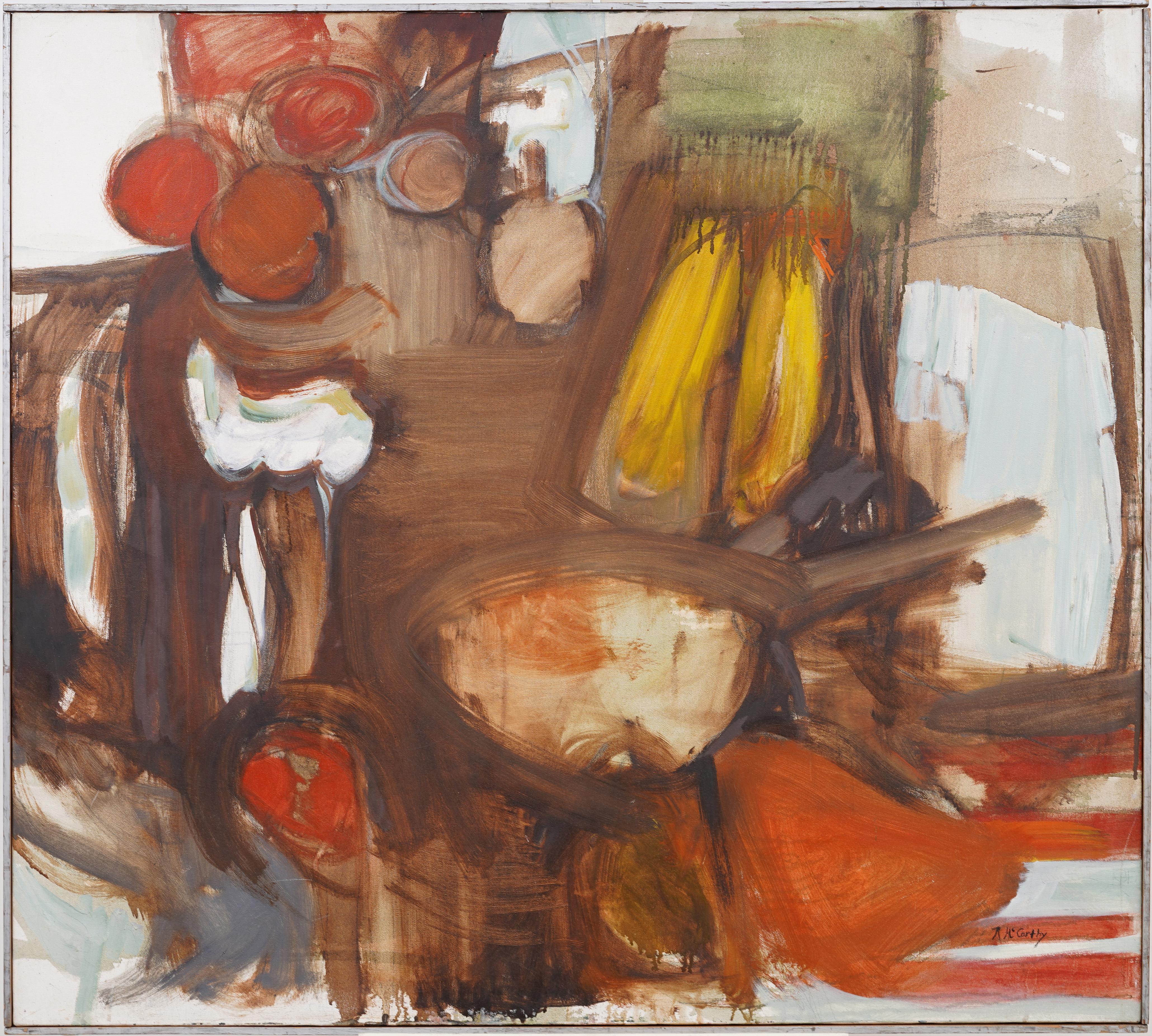 Antico dipinto ad olio modernista americano astratto con natura morta di grandi dimensioni - Painting di Rita Mccarthy