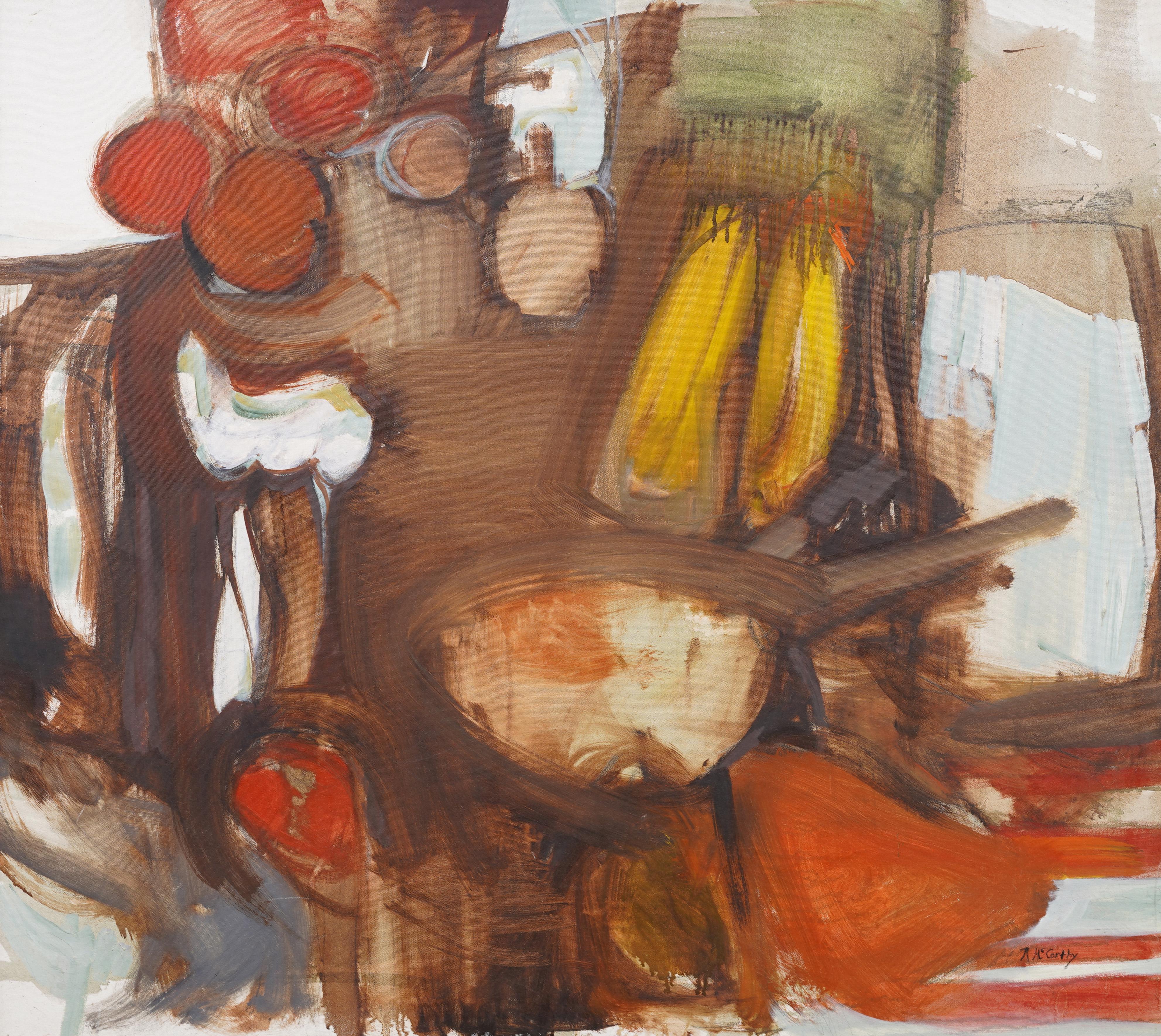 Antico dipinto ad olio modernista americano astratto con natura morta di grandi dimensioni - Painting Espressionismo astratto di Rita Mccarthy
