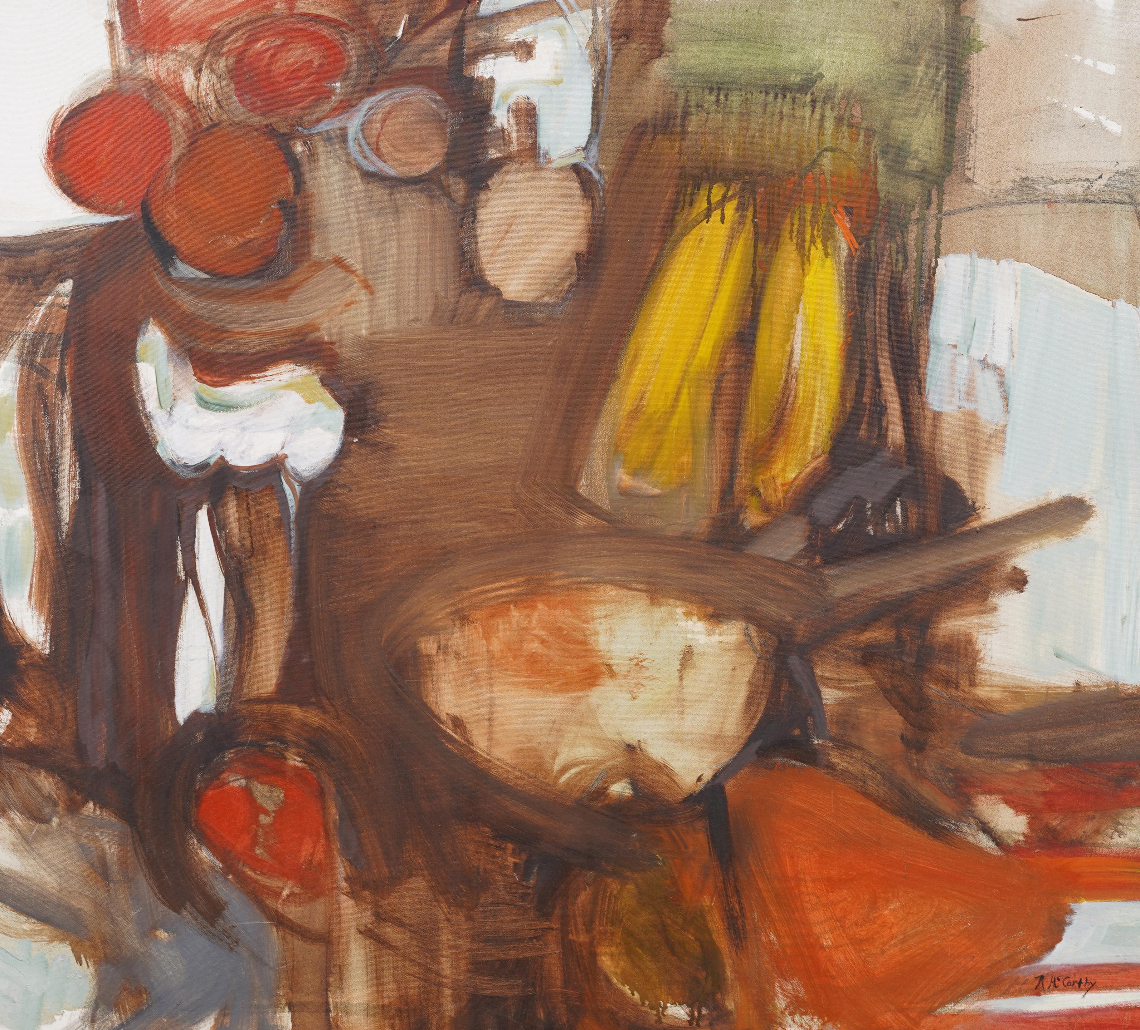 Antico dipinto ad olio modernista americano astratto con natura morta di grandi dimensioni - Landscape Painting Marrone di Rita Mccarthy