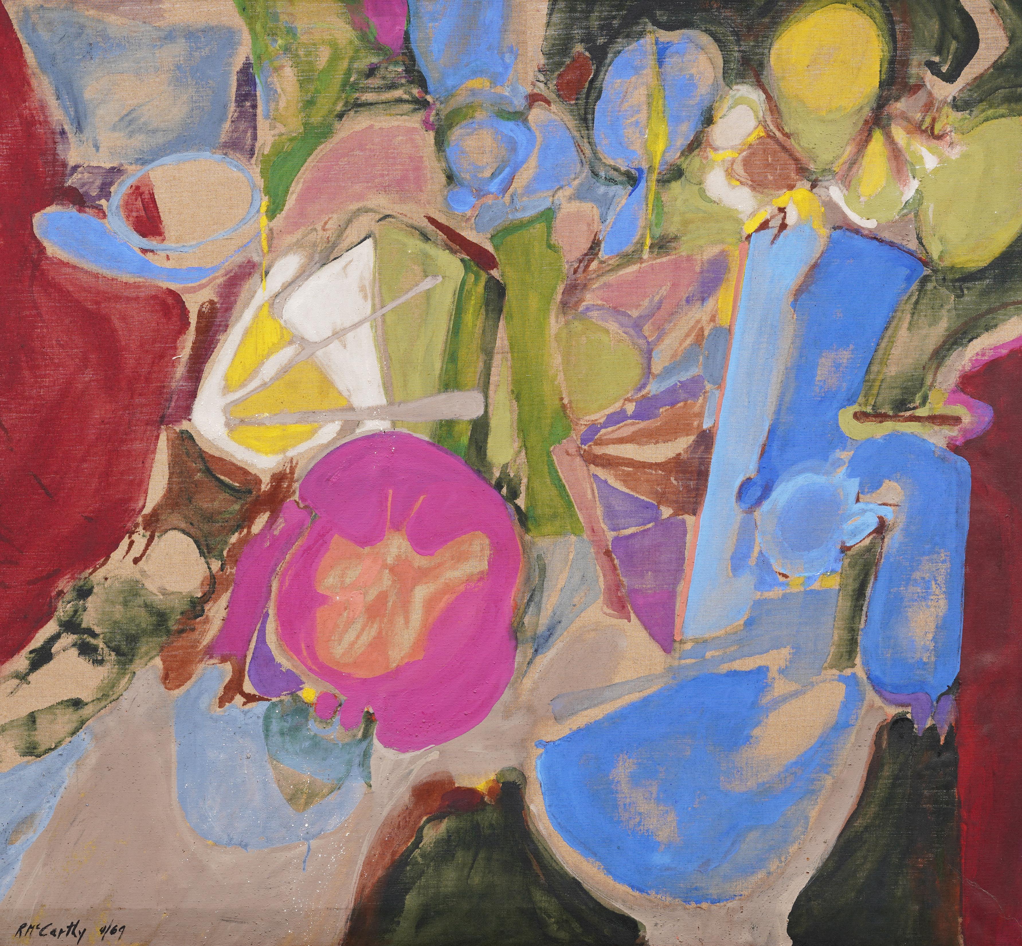 Impresionante obra de 1969 de la importante modernista Rita McCarthy.  Un expresivo óleo sobre lienzo.  Me parece una naturaleza muerta surrealista.  Enmarcado.  Firmado.  