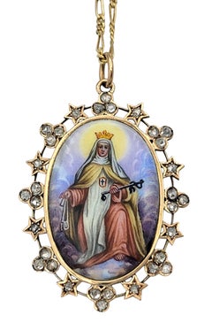 Rita of Cascia Catholic Saint Diamond Pendant Necklace in 14 Karat Yellow Gold