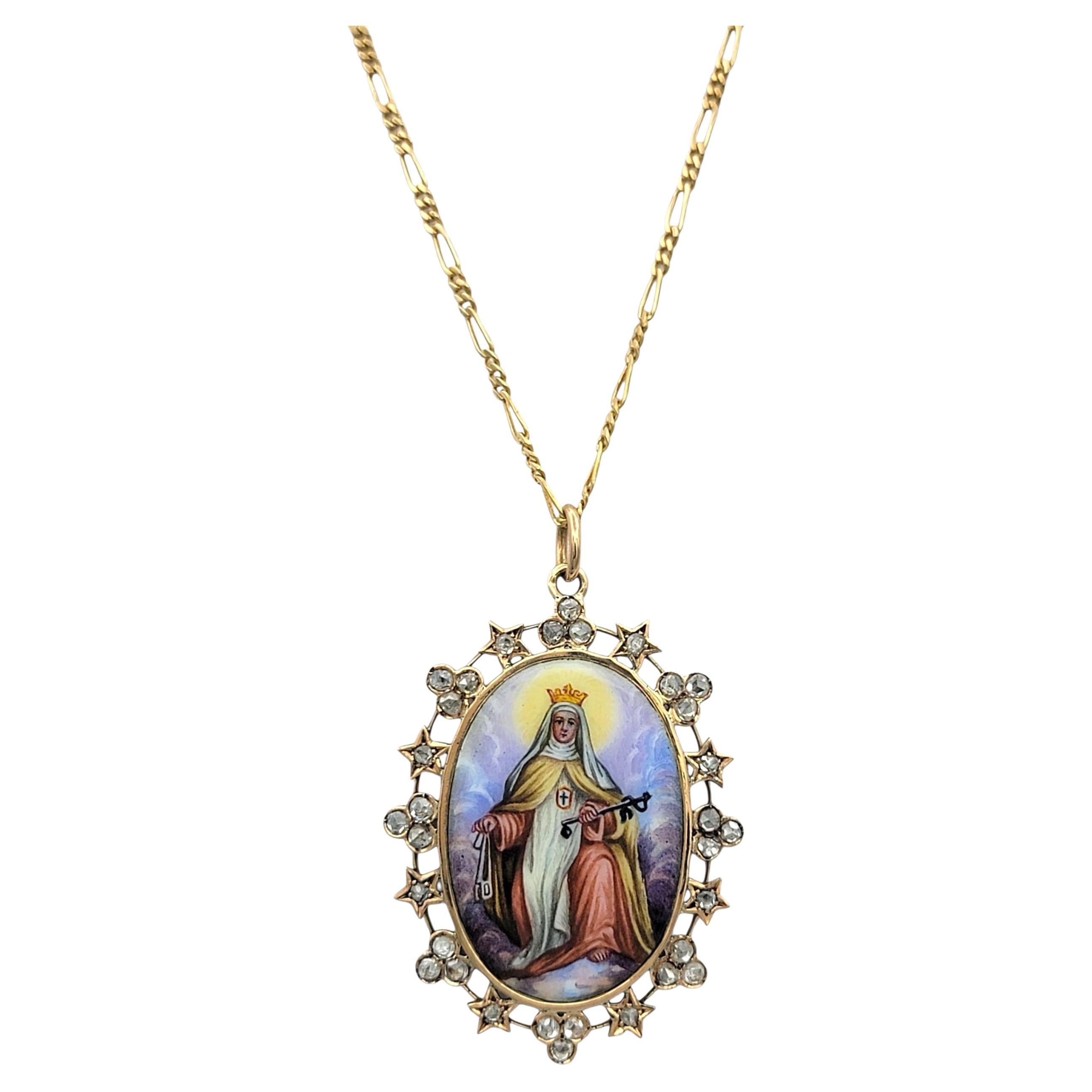 Collar Colgante de Diamantes Santa Católica Rita de Cascia en Oro Amarillo de 14 Kilates Contemporáneo en venta