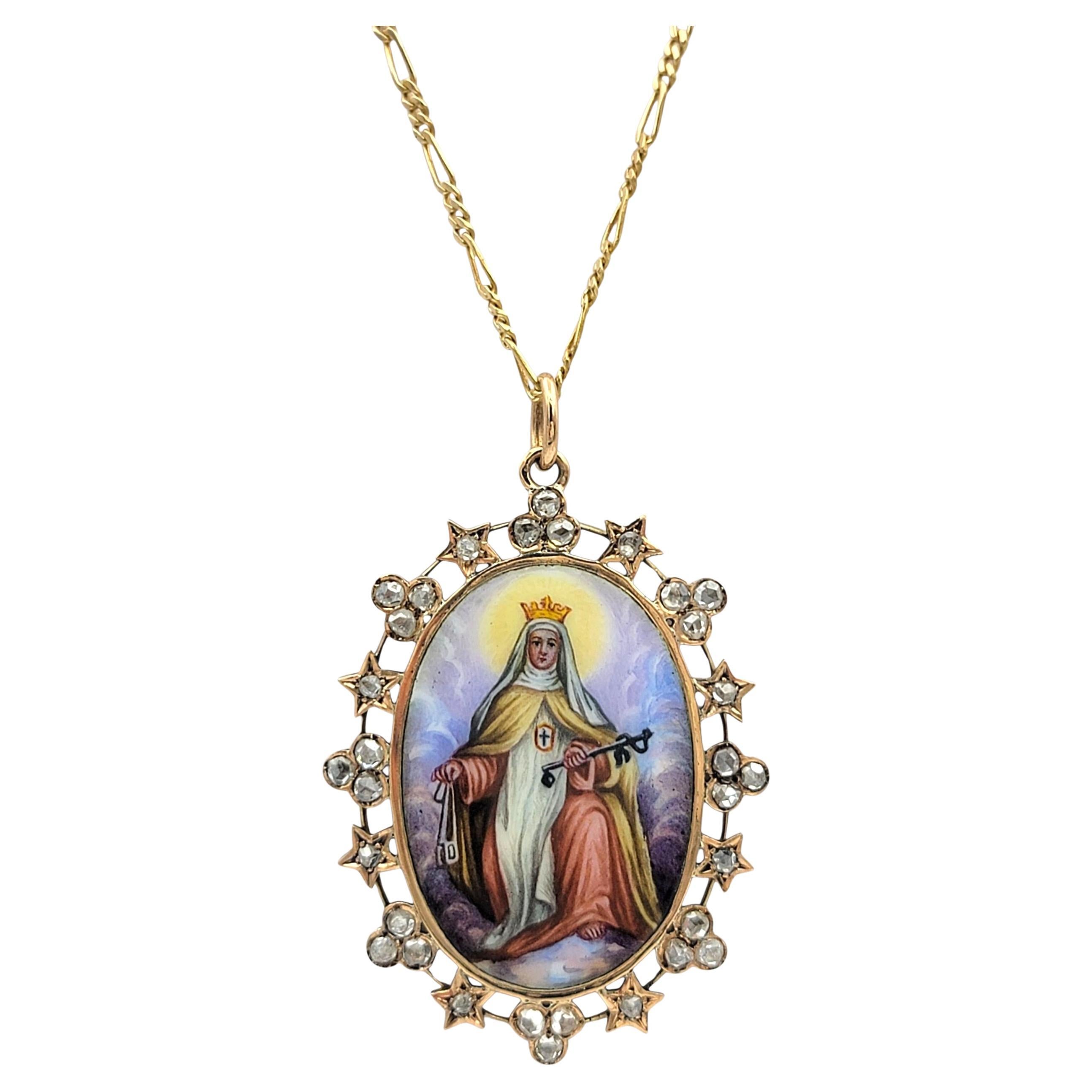 Collar Colgante de Diamantes Santa Católica Rita de Cascia en Oro Amarillo de 14 Kilates en venta