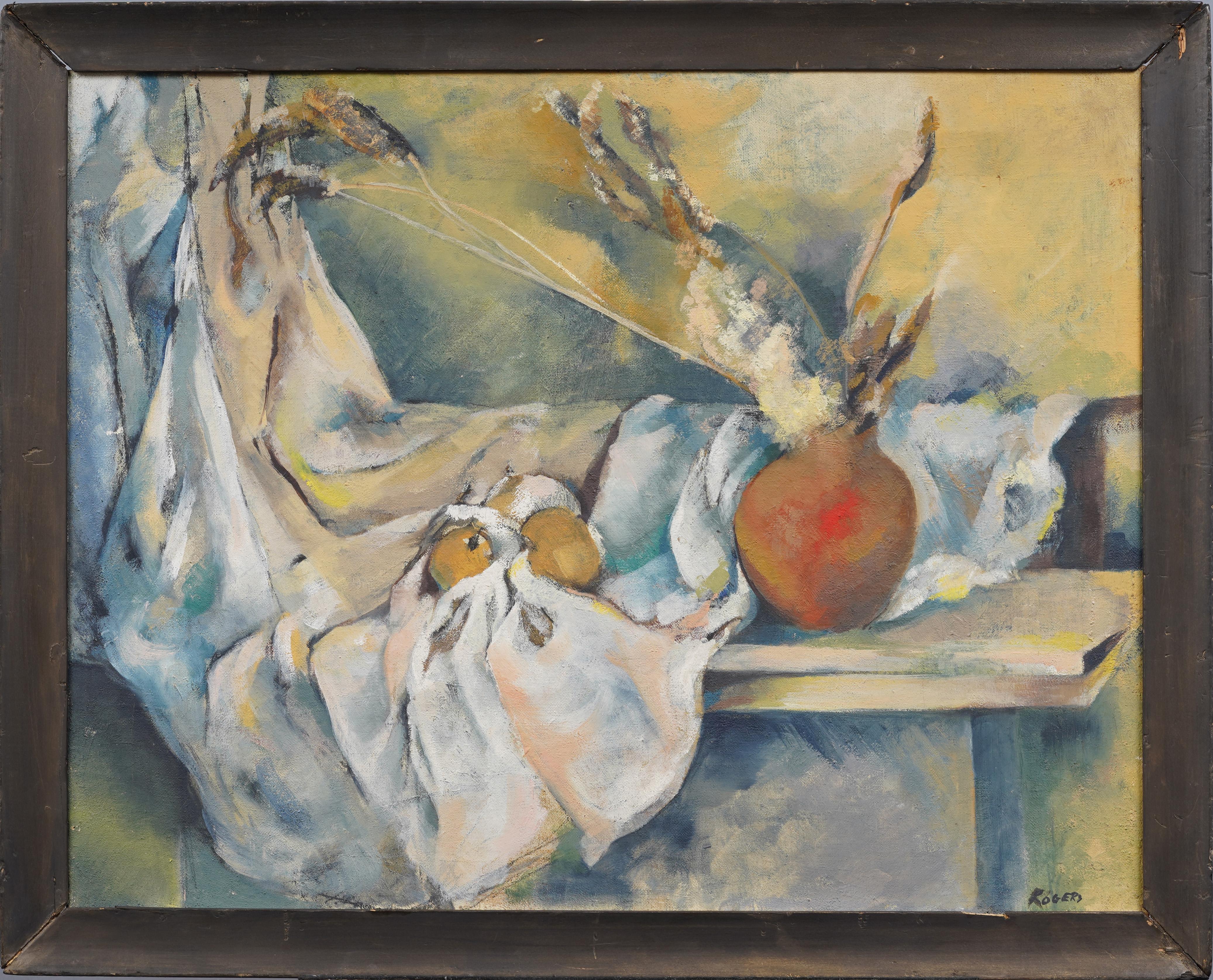 Antico dipinto impressionista americano con firma sulla natura morta incorniciata e scena interna - Painting di Rita Rogers