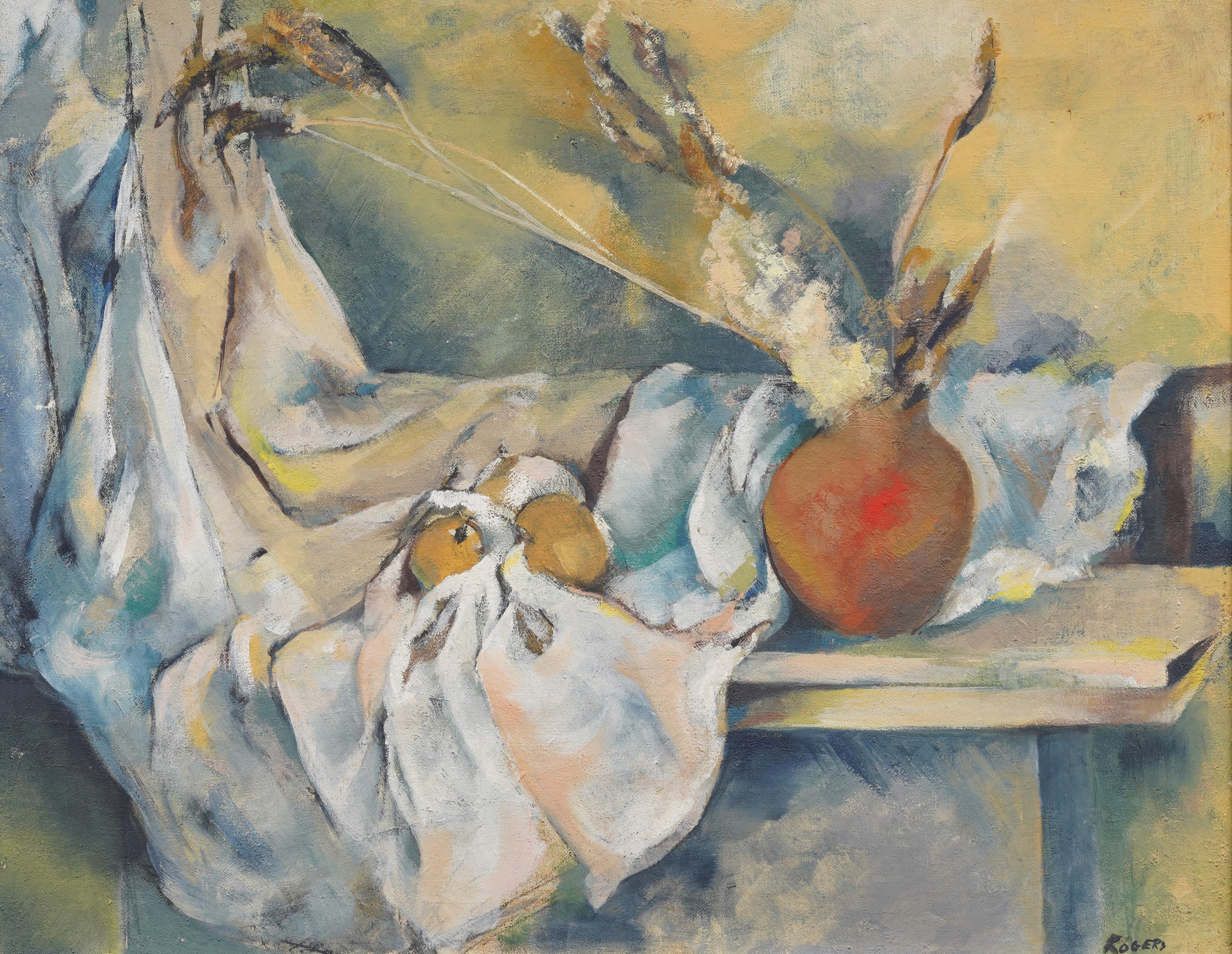 Antico dipinto impressionista americano con firma sulla natura morta incorniciata e scena interna - Painting Astratto di Rita Rogers