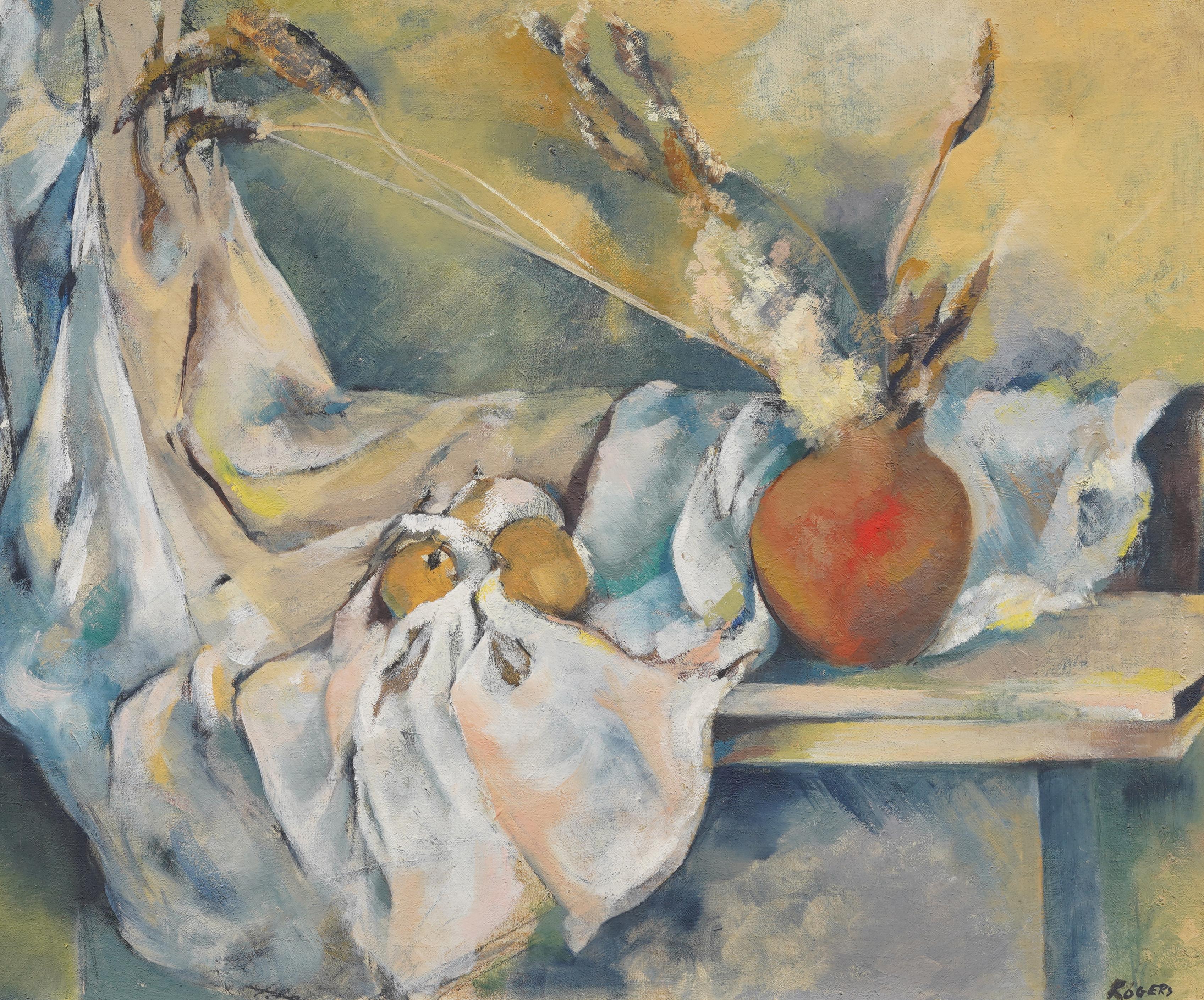 Antico dipinto impressionista americano con firma sulla natura morta incorniciata e scena interna - Abstract Painting Grigio di Rita Rogers