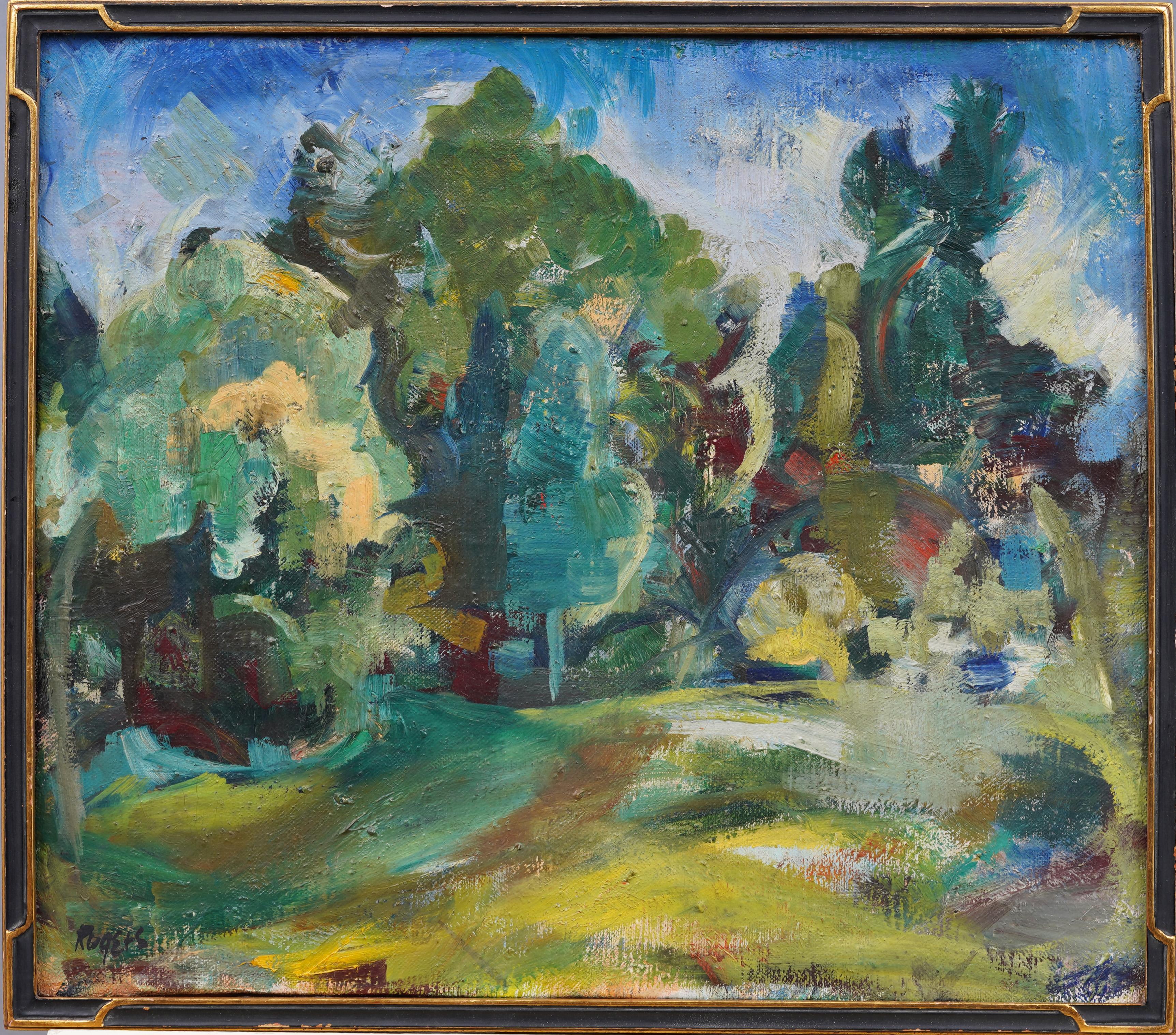 Nicely painted early American modernist landscape by Rita Rogers (b.1936). 
 Oil on canvas.  Framed. Signed.  Artist Bio:  Rita Rogers was born in North Miami Beach and raised in Brooklyn, NY. She studied at Bard College, Columbia, the Art Student’s
