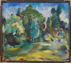 Antico dipinto ad olio con cornice e firma di una donna artista americana che dipinge un paesaggio modernista