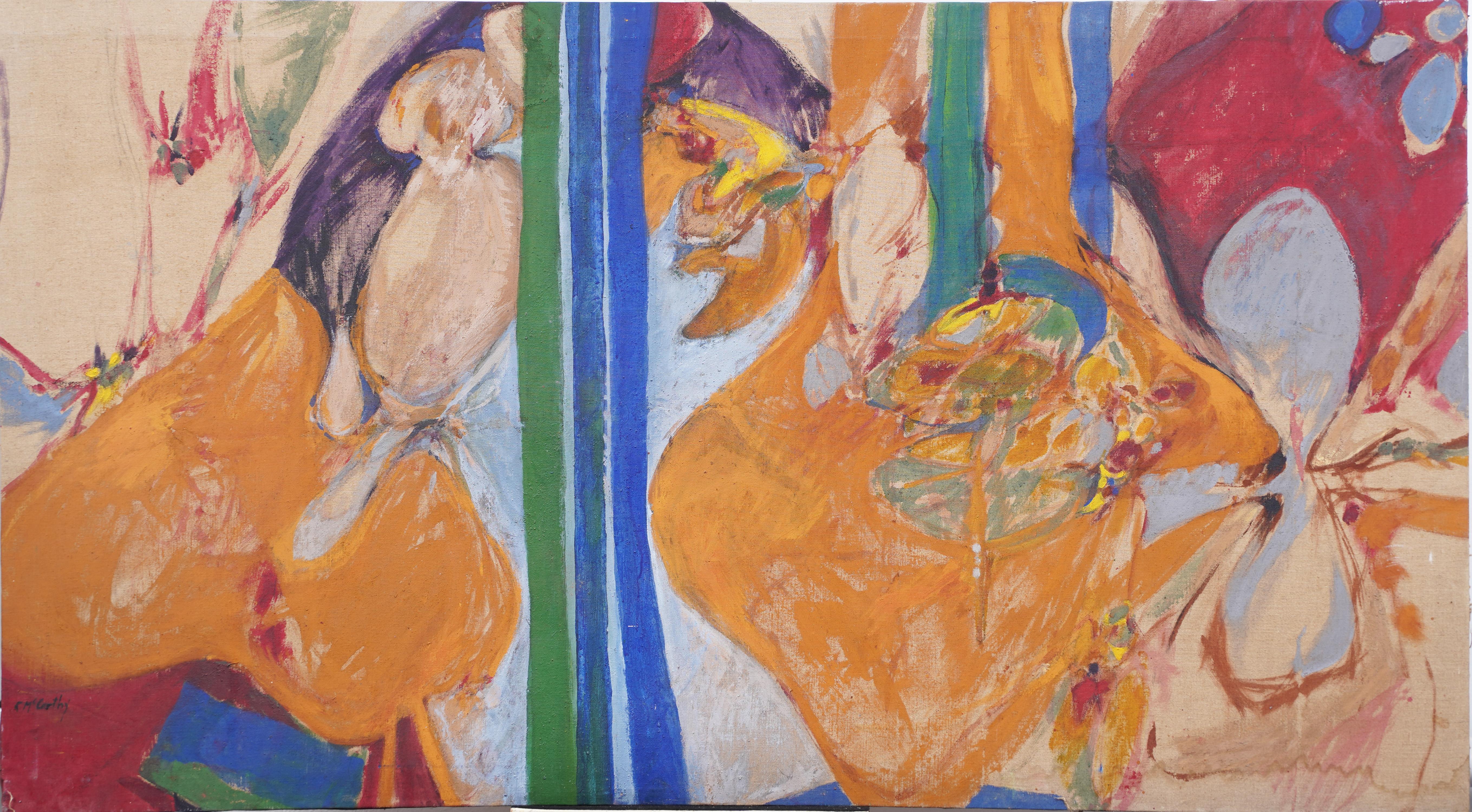 Monumental Antique American Woman Artist Modernist Abstract Signed Oil Painting - Brown Abstract Painting by Rita Rogers