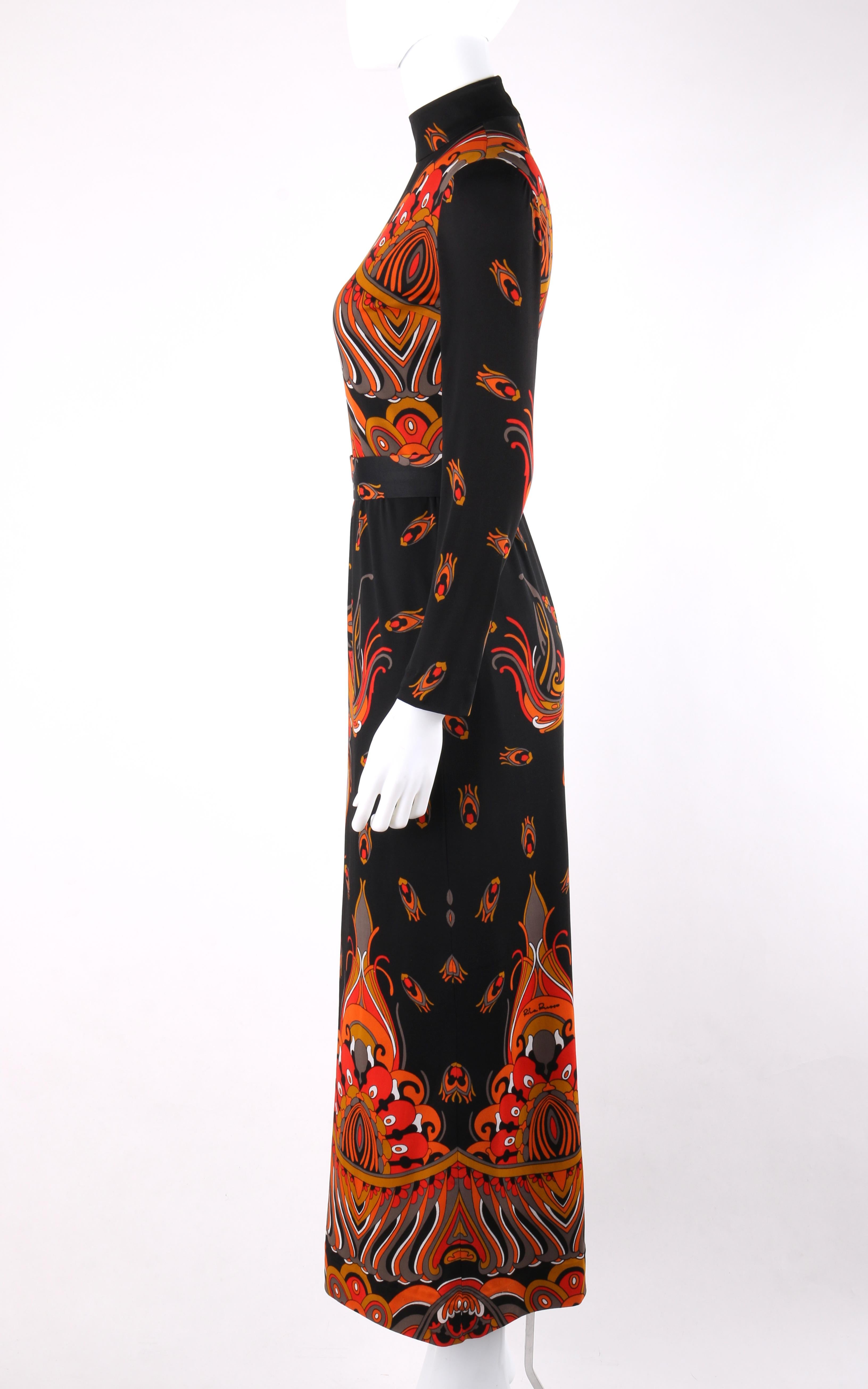 RITA RUSSO c.1970's Black Symmetrical Paisley Signature Print Belted Maxi Dress In Good Condition For Sale In Thiensville, WI