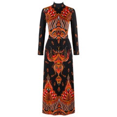 RITA RUSSO c.1970's Black Symmetrical Paisley Signature Print Belted Maxi Dress