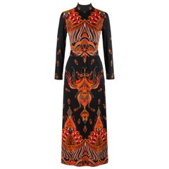 Antique RITA RUSSO c.1970's Black Symmetrical Paisley Signature Print Belted Maxi Dress