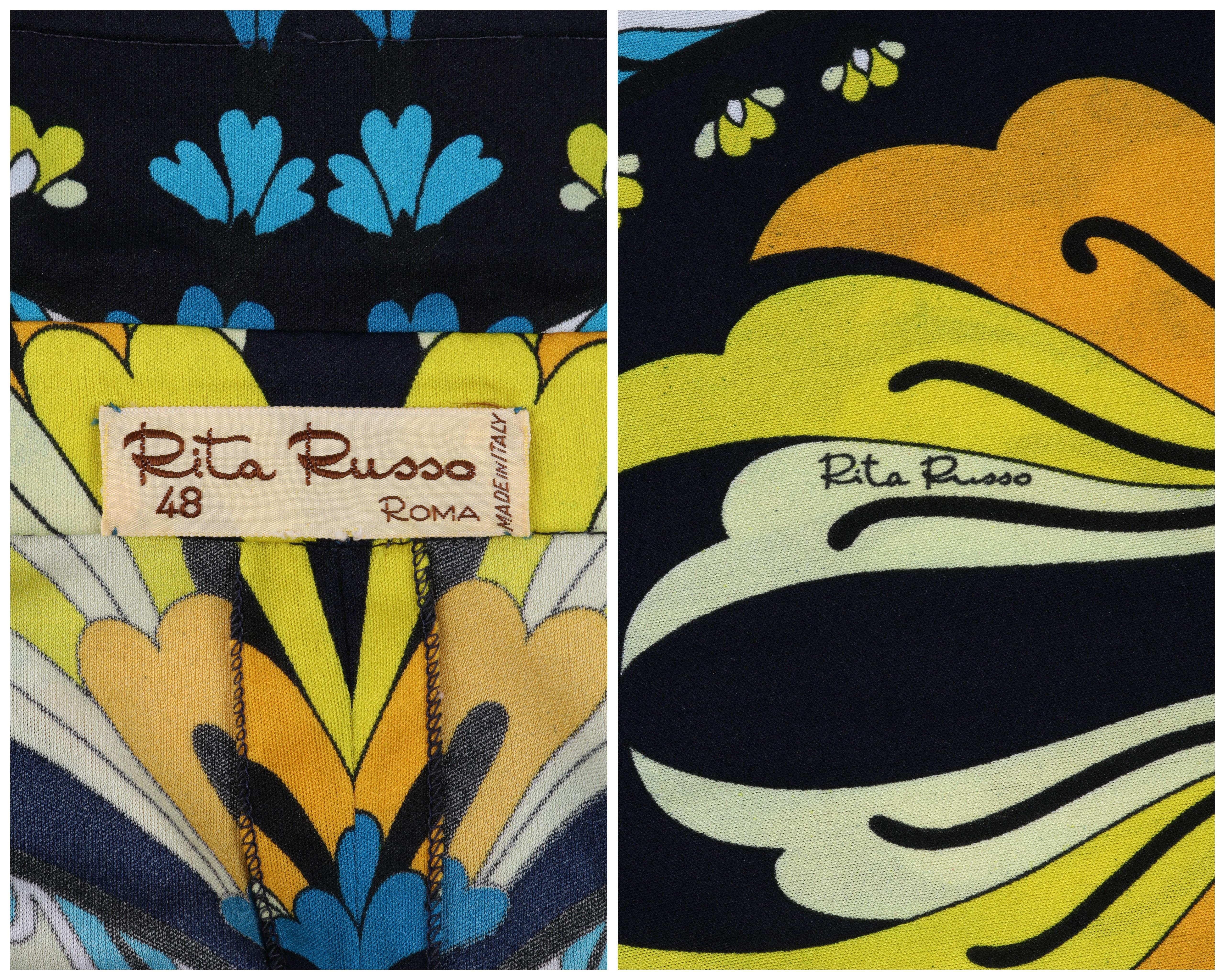 RITA RUSSO c.1970 Blue Yellow Abstract Floral Half Button-Front Blouse + Sash in vendita 5