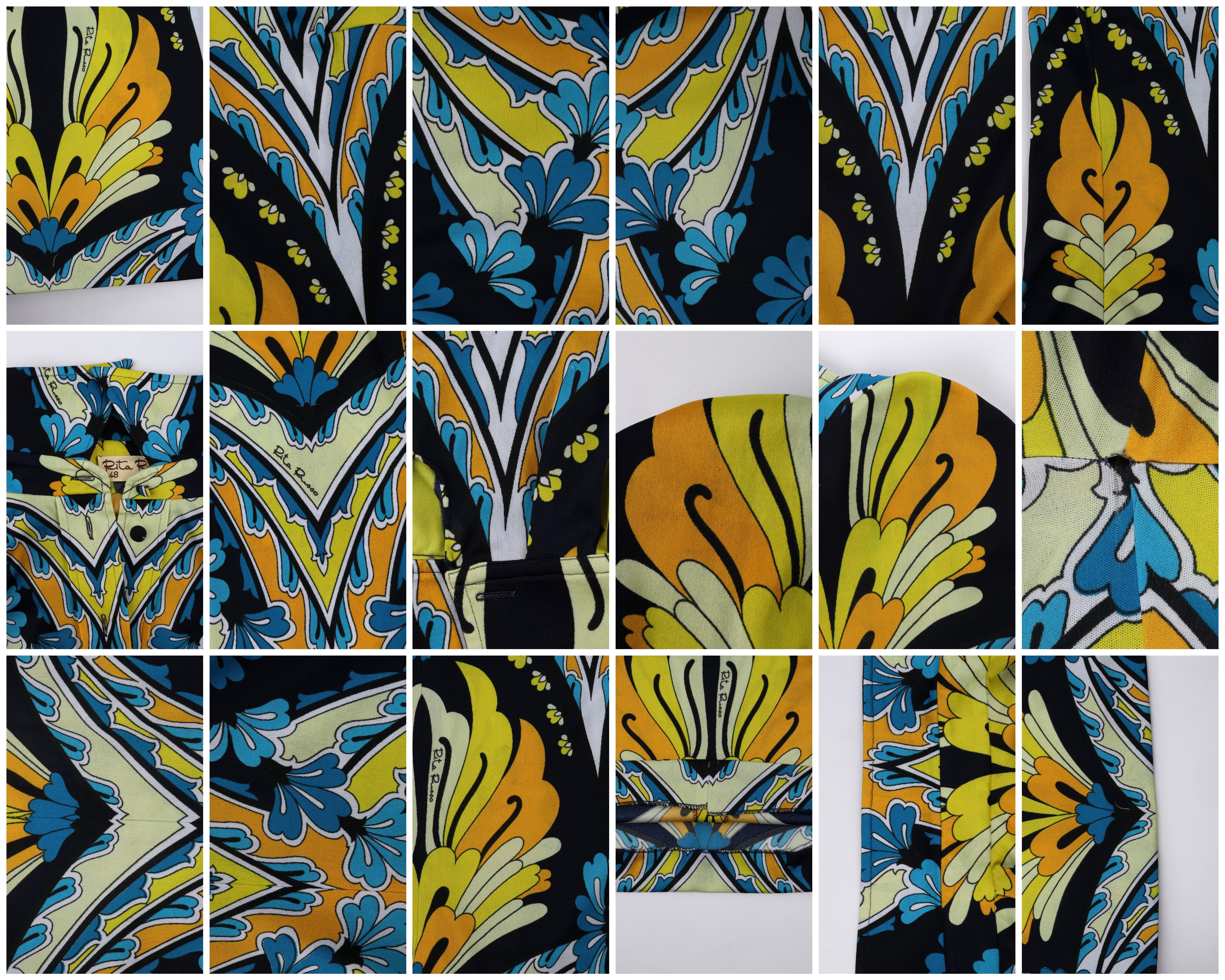 RITA RUSSO - Chemisier à demi boutonnage et ceinture à fleurs abstraites bleues et jaunes, c. 1970 en vente 6