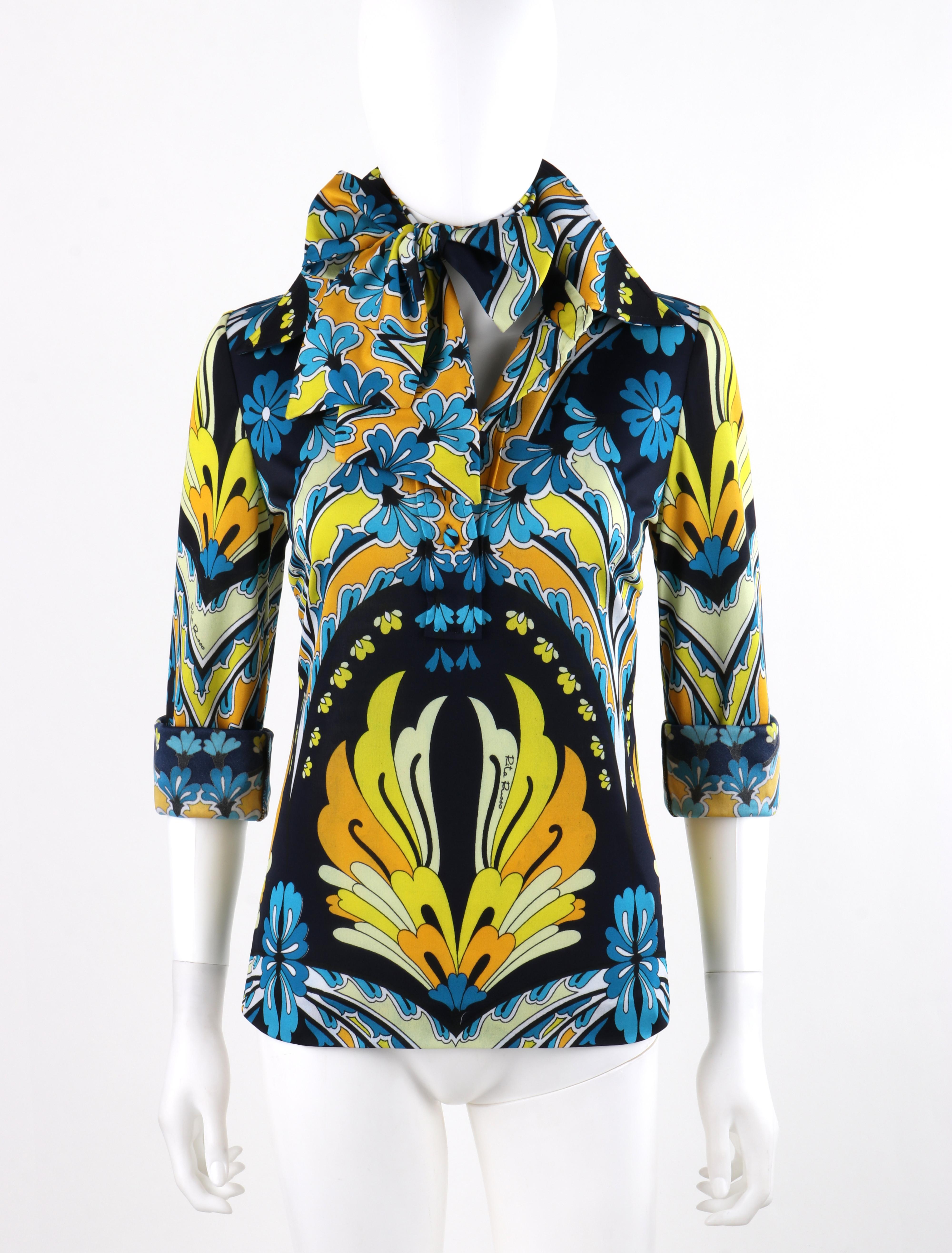 RITA RUSSO c.1970s Blue Yellow Abstract Floral Half Button-Front Blouse Neck + Sash
 
Brand / Manufacturer: Rita Russo
Circa: 1970's
Style: Blouse, Sash (that could work as a belt, hair tie or neck bow)
Color(s): Shades of yellow, orange, blue,