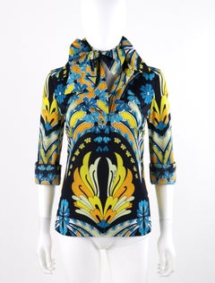 RITA RUSSO c.1970s Blue Yellow Abstract Floral Half Button-Front Blouse + Sash