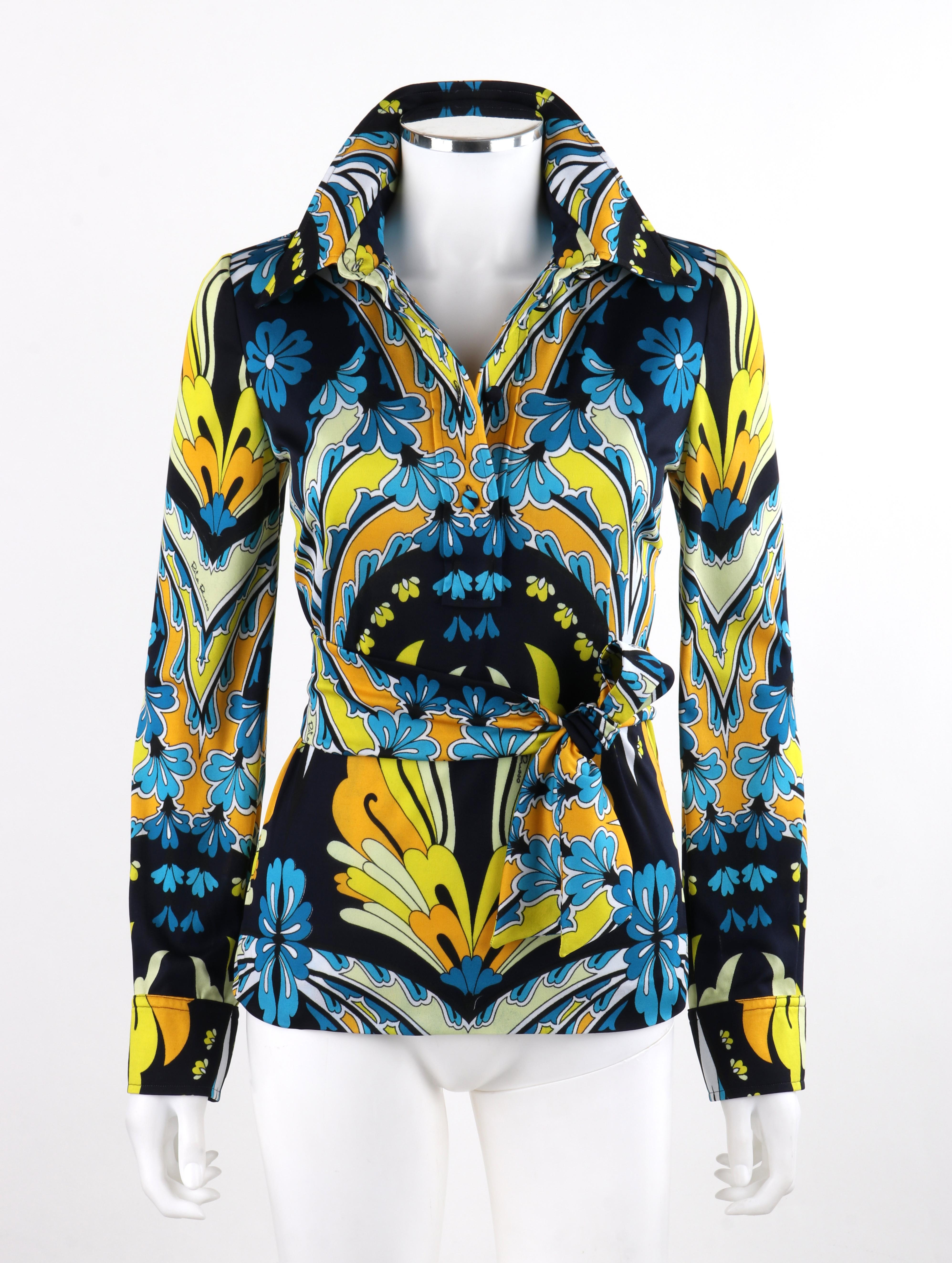 Black RITA RUSSO c.1970s Blue Yellow Abstract Floral Half Button-Front Blouse + Sash For Sale