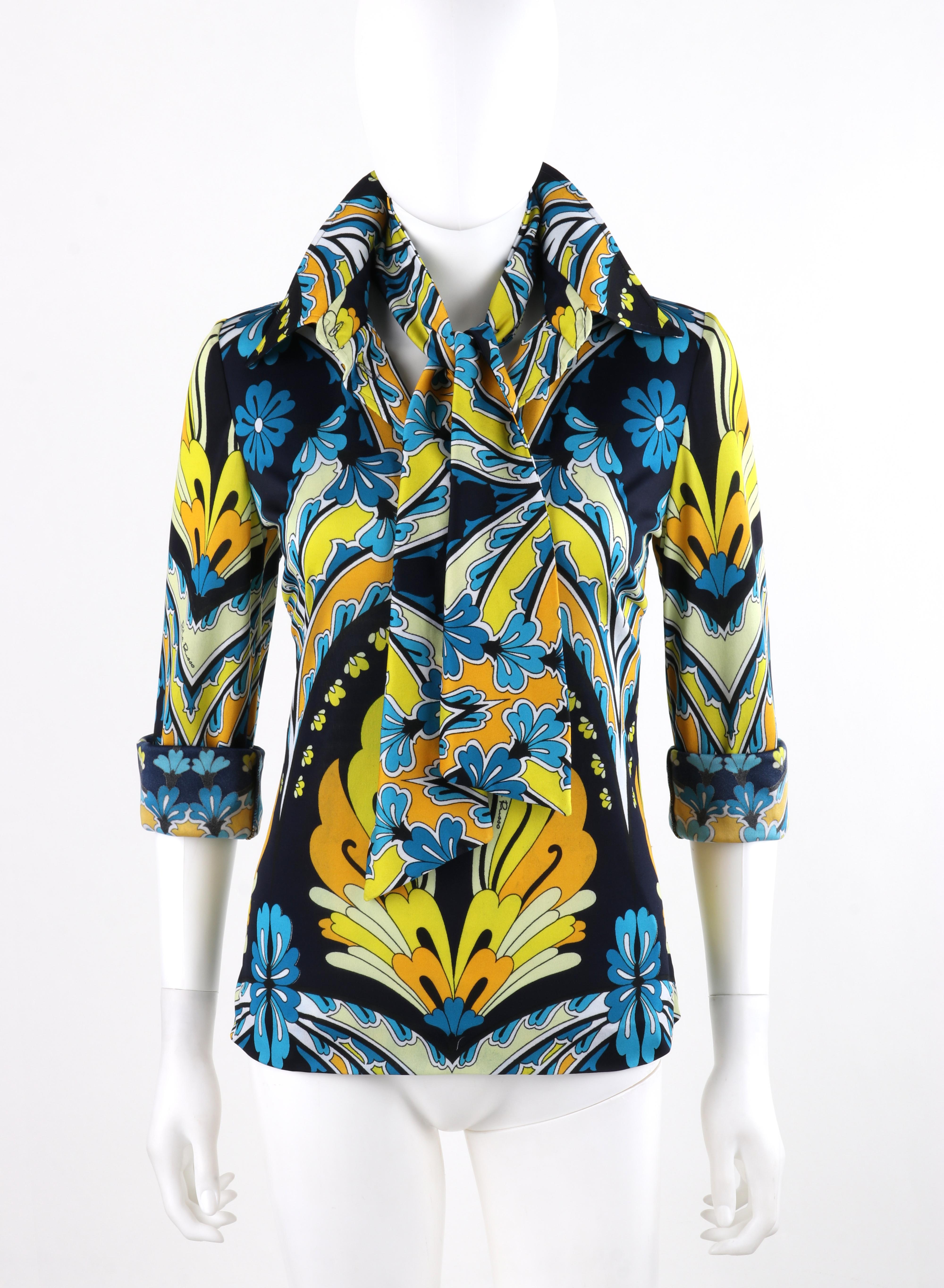 RITA RUSSO c.1970s Blue Yellow Abstract Floral Half Button-Front Blouse + Sash In Good Condition For Sale In Thiensville, WI