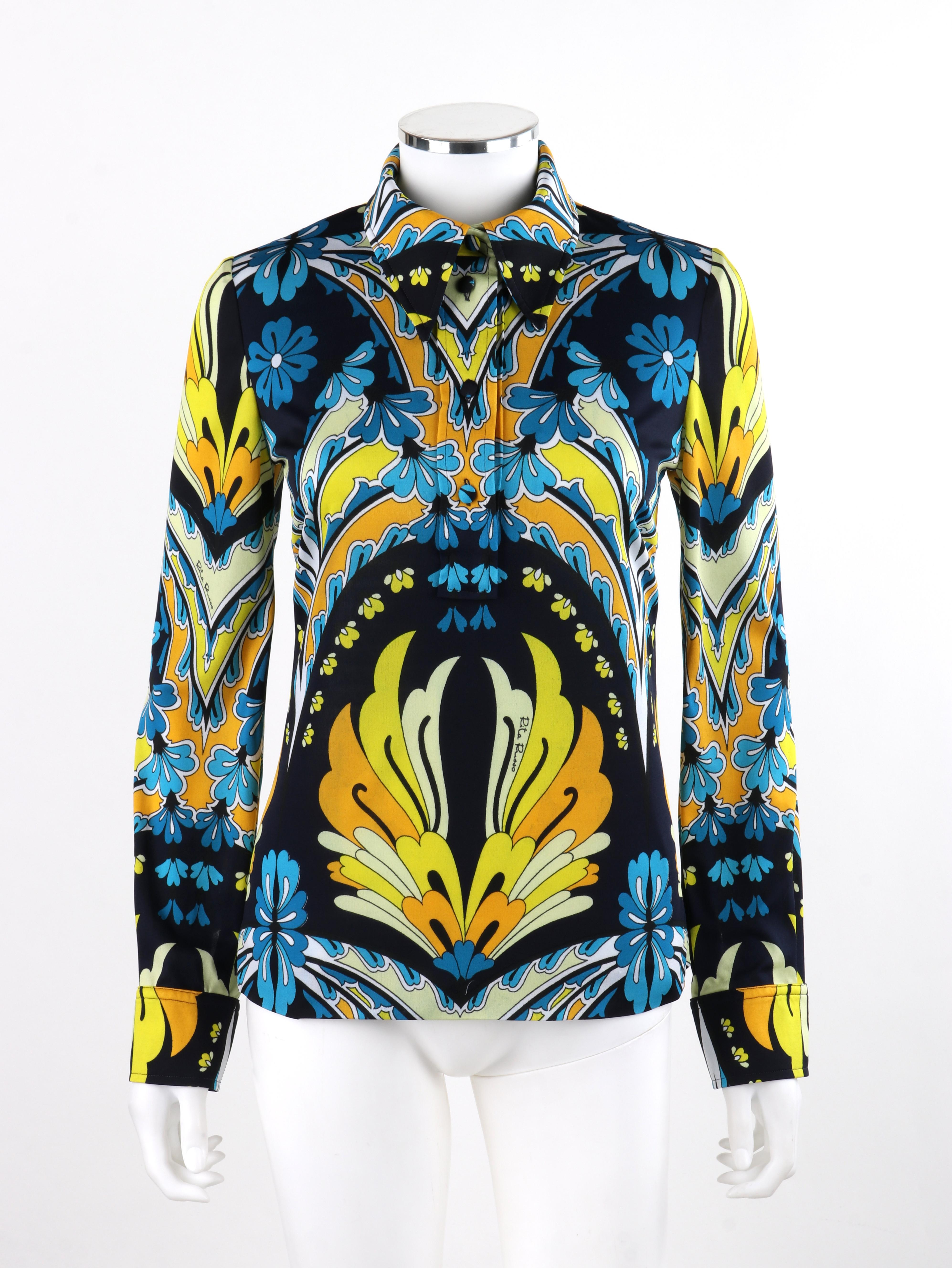 Women's RITA RUSSO c.1970s Blue Yellow Abstract Floral Half Button-Front Blouse + Sash For Sale