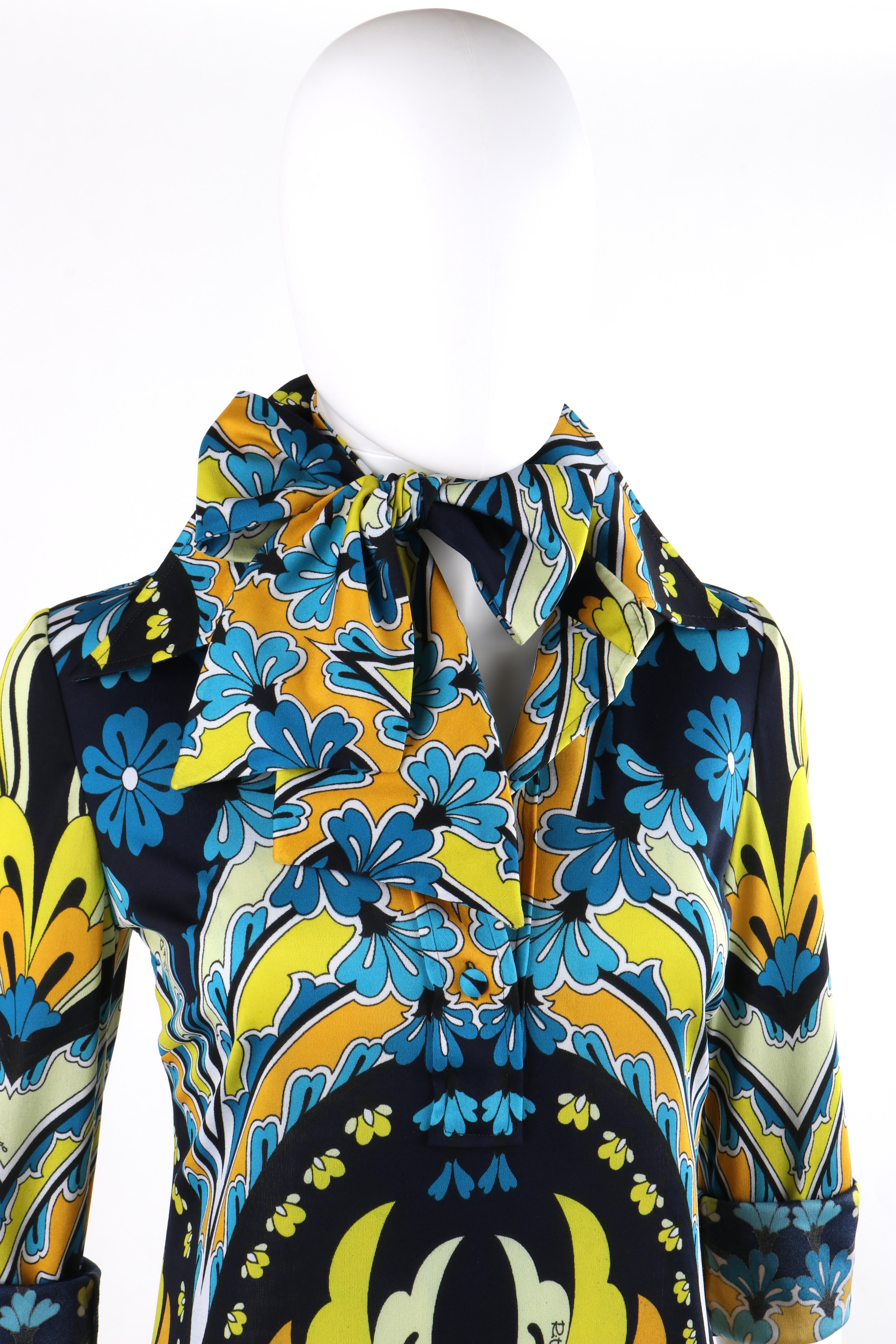 RITA RUSSO c.1970s Blue Yellow Abstract Floral Half Button-Front Blouse + Sash For Sale 1