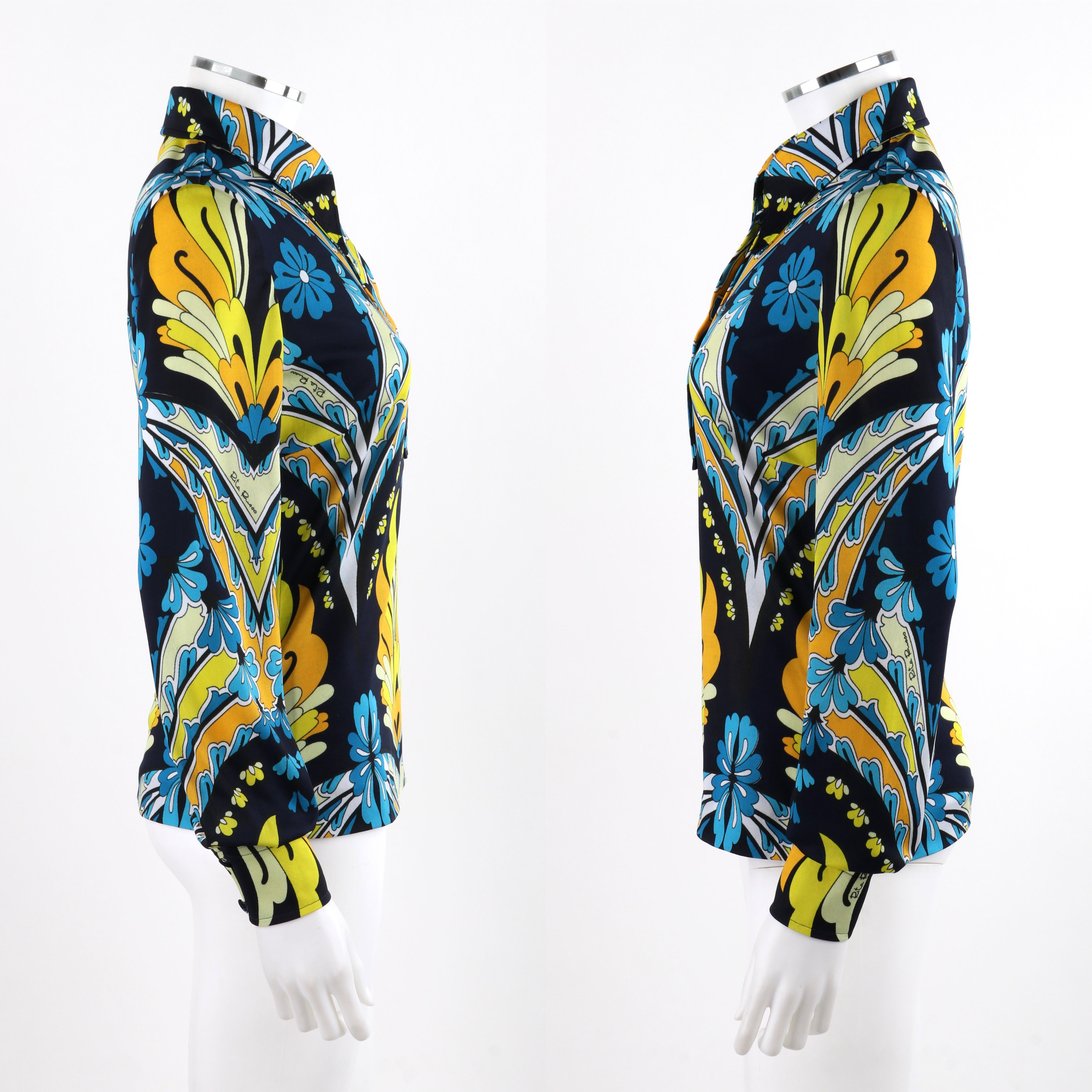 RITA RUSSO c.1970s Blue Yellow Abstract Floral Half Button-Front Blouse + Sash For Sale 2