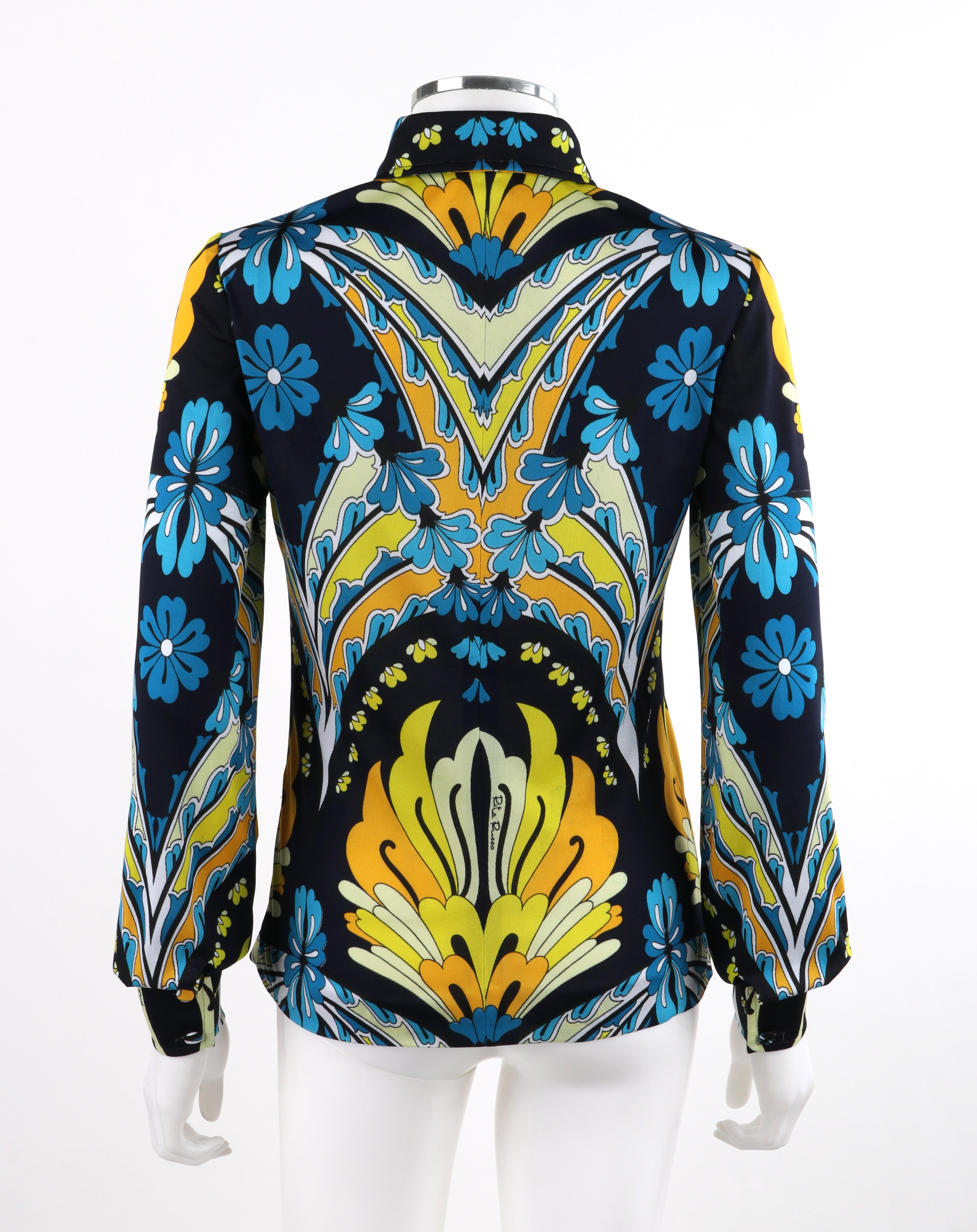 RITA RUSSO c.1970s Blue Yellow Abstract Floral Half Button-Front Blouse + Sash For Sale 3