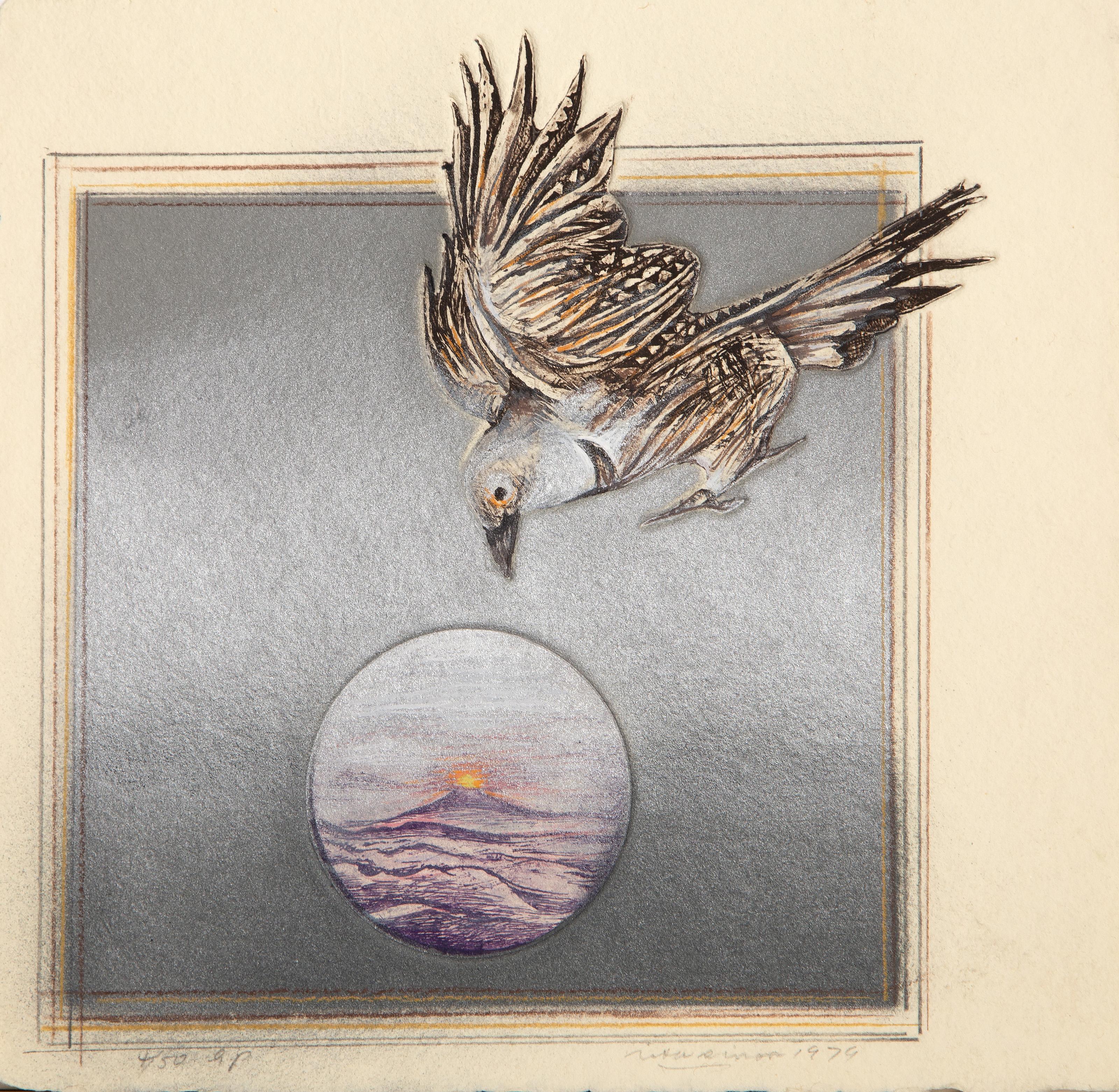  Rita Simon (aka Atirnomis), American (1938 - ) -  Bird and Moon, Year: 1979, Medium: Hand Colored, Intaglio Etching and Airbrush, signed, dated and numbered in pencil, Edition: 4/50, Image Size: 8 x 8 inches, Size: 10 x 10 in. (25.4 x 25.4 cm),