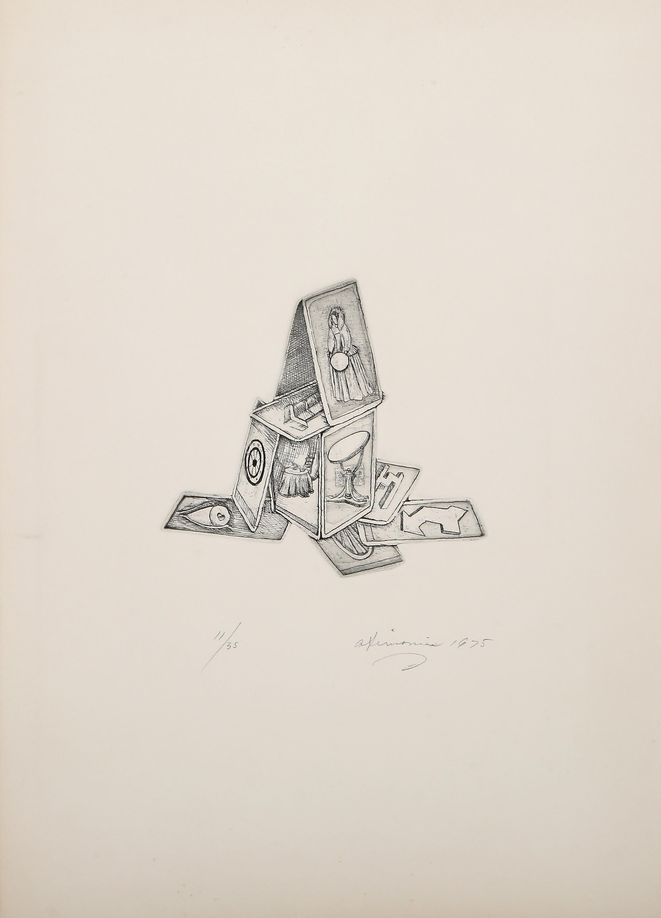 House of Cards, Surrealist Etching with Embossing by Rita Simon For Sale 1