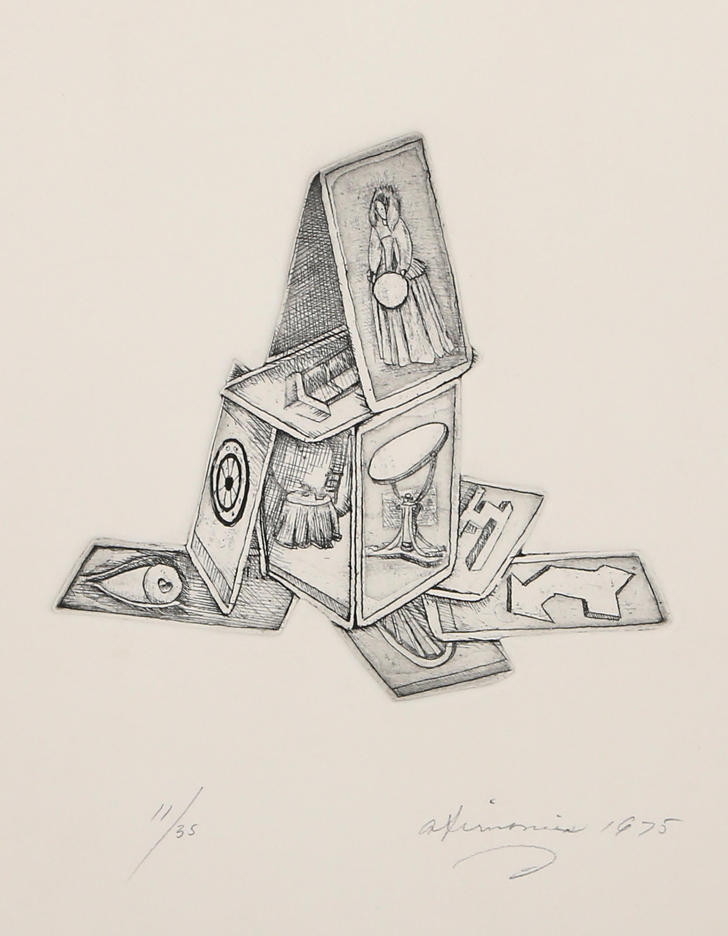 Rita Simon (aka Atirnomis), American (1938 - ) - House of Cards, Year:  1975, Medium:  Etching with embossing signed, dated and numbered in pencil, Edition:  11/35, Image Size:  7 x 7.5 inches, Size:  20.5 x 14.75 in. (52.07 x 37.47 cm),