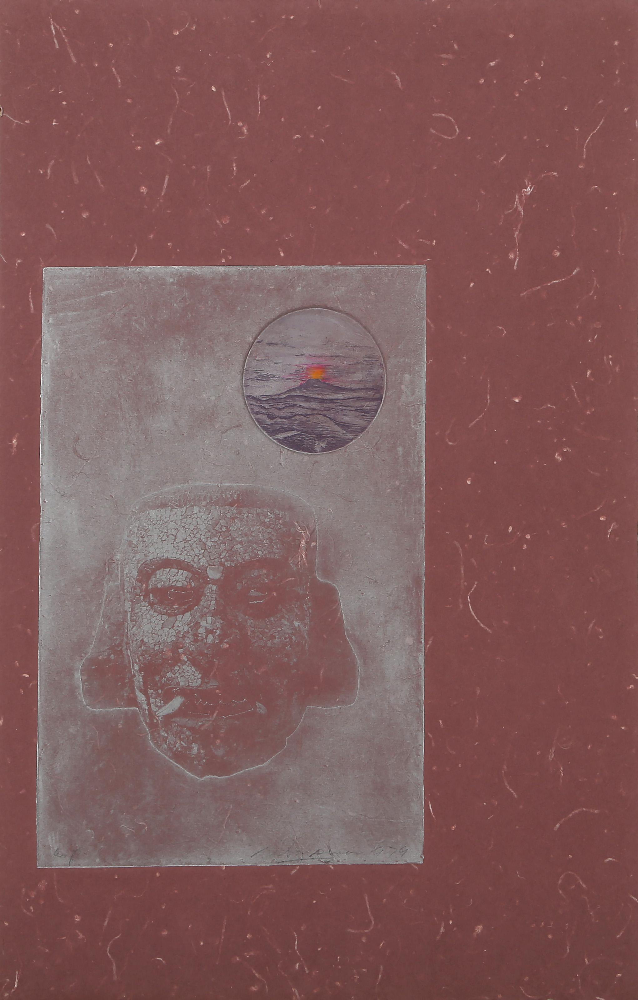 Mann in der Abenddämmerung, Surrealistische handkolorierte Radierung und Prägung von Rita Simon im Angebot 2