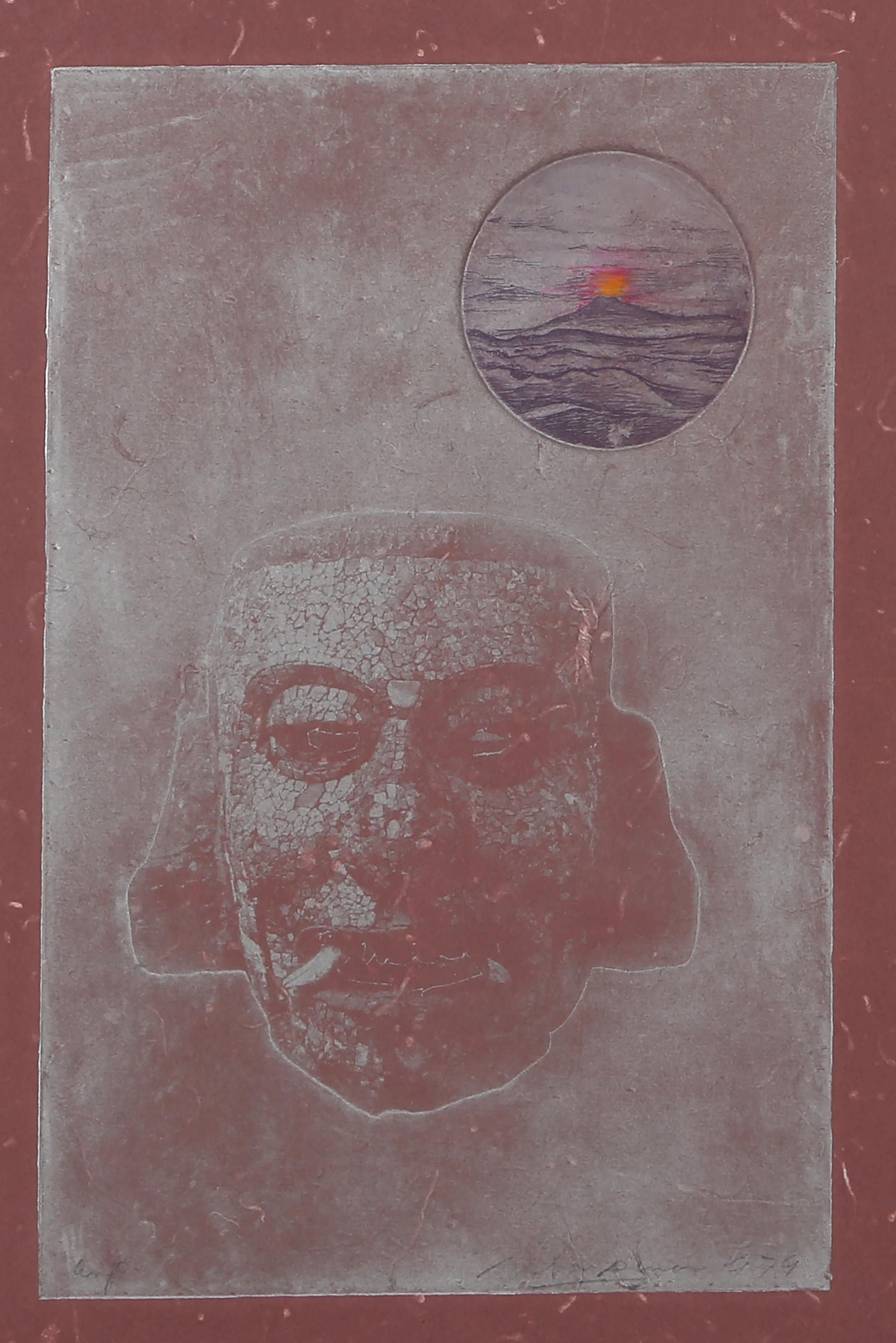Rita Simon (alias Atirnomis), Amerikanerin (1938 - ) - Mann in der Abenddämmerung, Jahr:  1979, Medium:  Handkolorierte Radierung und Prägung auf gefärbtem Büttenpapier, signiert, nummeriert und datiert mit Bleistift, Auflage:  AP, Bildgröße:  12 x