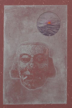 Man at Dusk, Surrealist Hand-Colored Etching and Embossing by Rita Simon