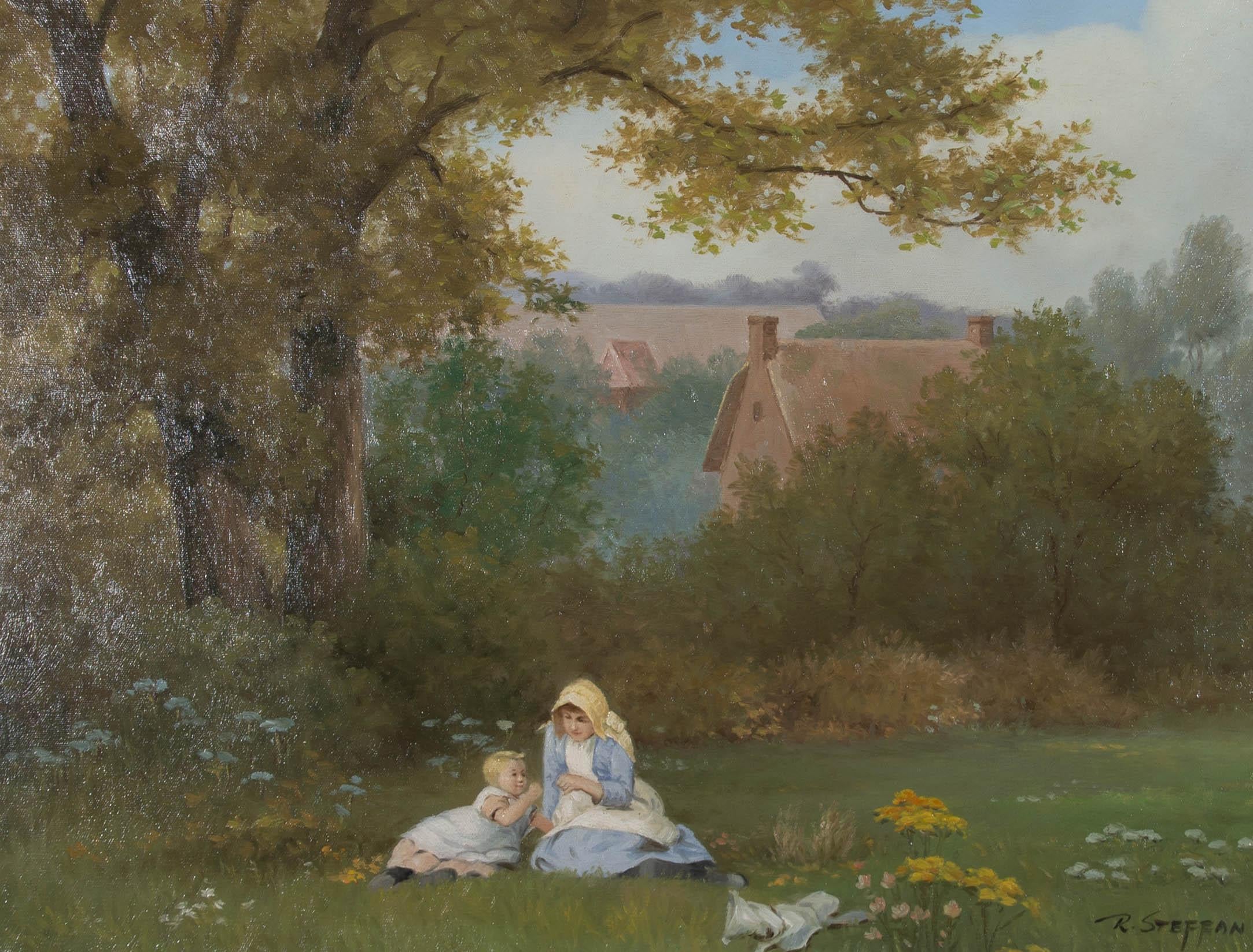 A charming 29th Century oil showing two children playing in an idyllic flower meadow on the edge of a cottage garden. The artist has signed to the lower right corner and the painting has been presented in a lime washed light wood frame. On canvas .
