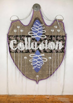 Rita Valley, Collusion, 2018, fabric, plastic, chain, steel, paint, gimp, banner