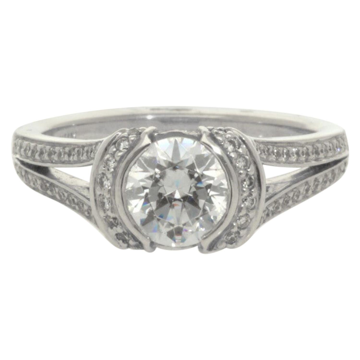 Ritani 18 Karat White Gold Split Shank Half Bezel Semi Mount For Sale