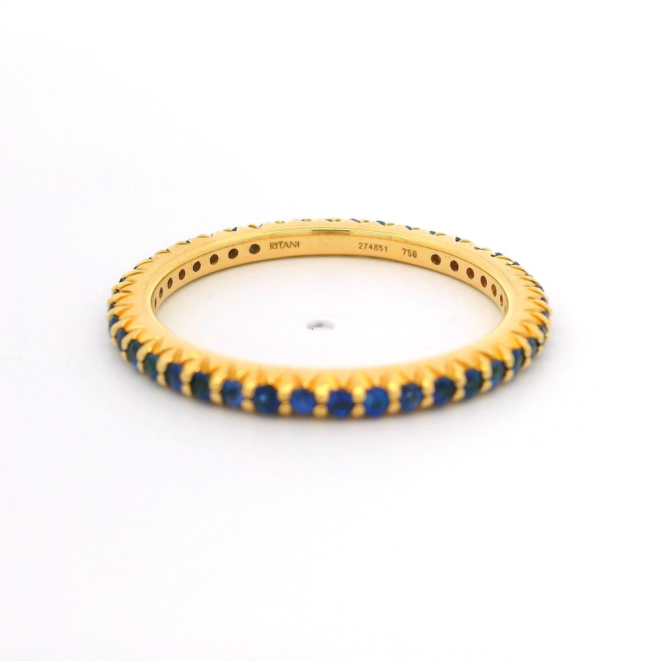 --Stone(s):--
(42) Natural Genuine Sapphires - Round Brilliant Cut - Prong Set - Royal Blue Color - High Quality
Total Carat Weight: 0.75 to 1 (approx.)

Material: Solid 18k Yellow Gold
Weight: 3.28 Grams
Ring Size: 10.0 (Fitted on a finger. We can