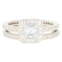 Vintage Ritani .93 Carat Asscher Diamond Halo Ring and Wedding Band 950 Platinum