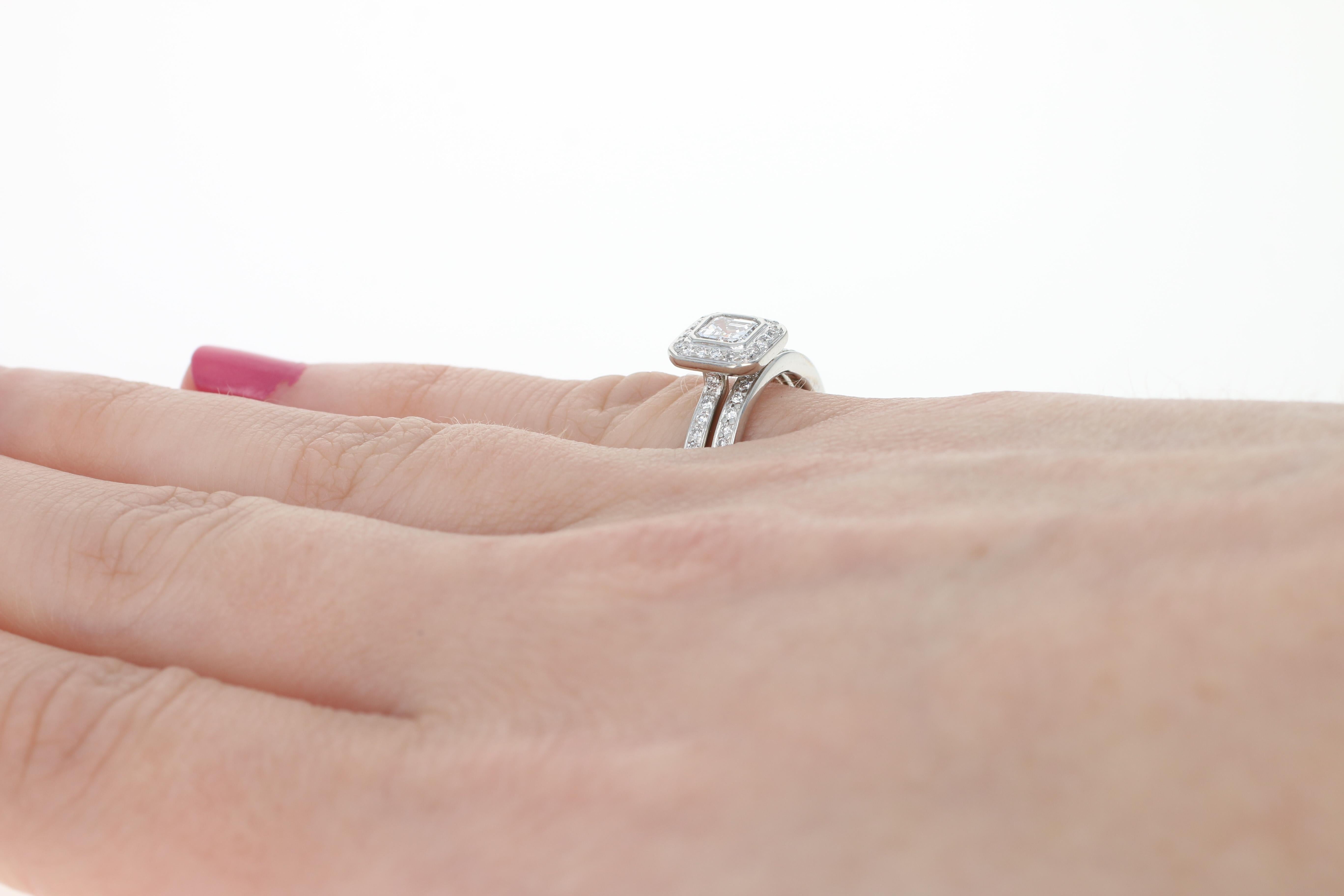 Women's Ritani .93 Carat Asscher Diamond Halo Ring and Wedding Band 950 Platinum