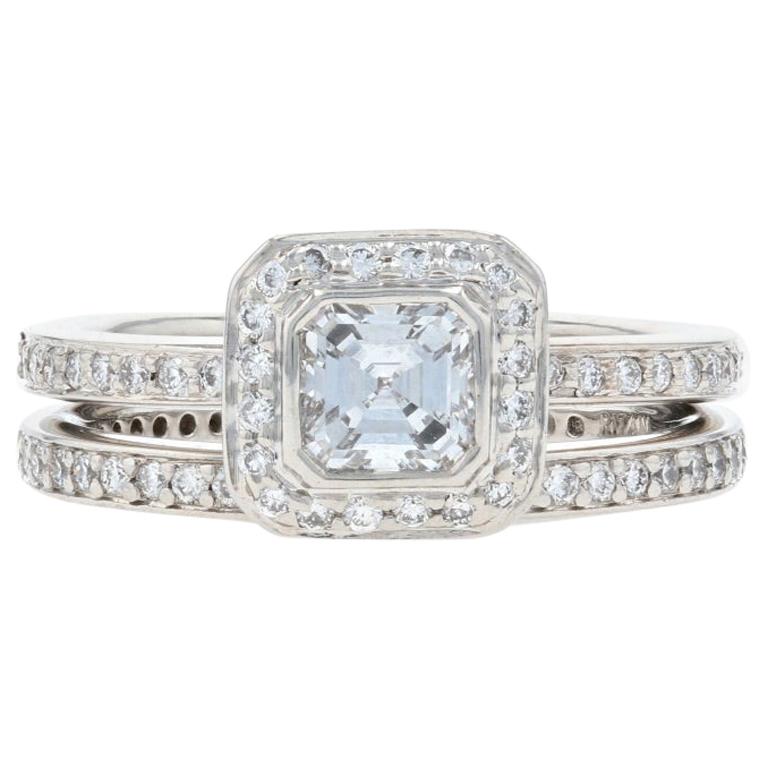 Ritani Diamond Halo Ring and Wedding Band 950 Platinum Asscher .93 Carat For Sale