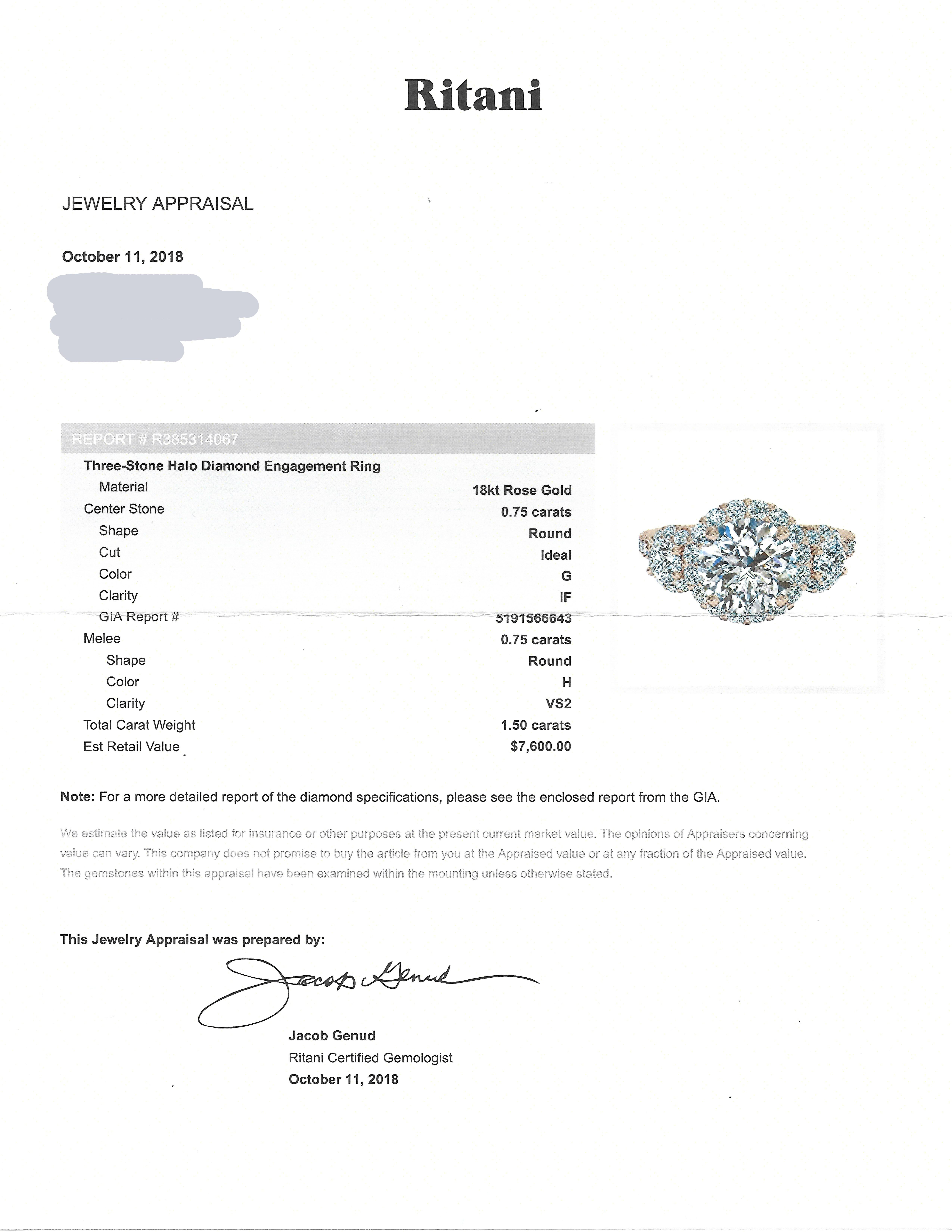 Ritani GIA Certified 0.75 Carat Round 3-Stone Halo Diamond Engagement Ring 2