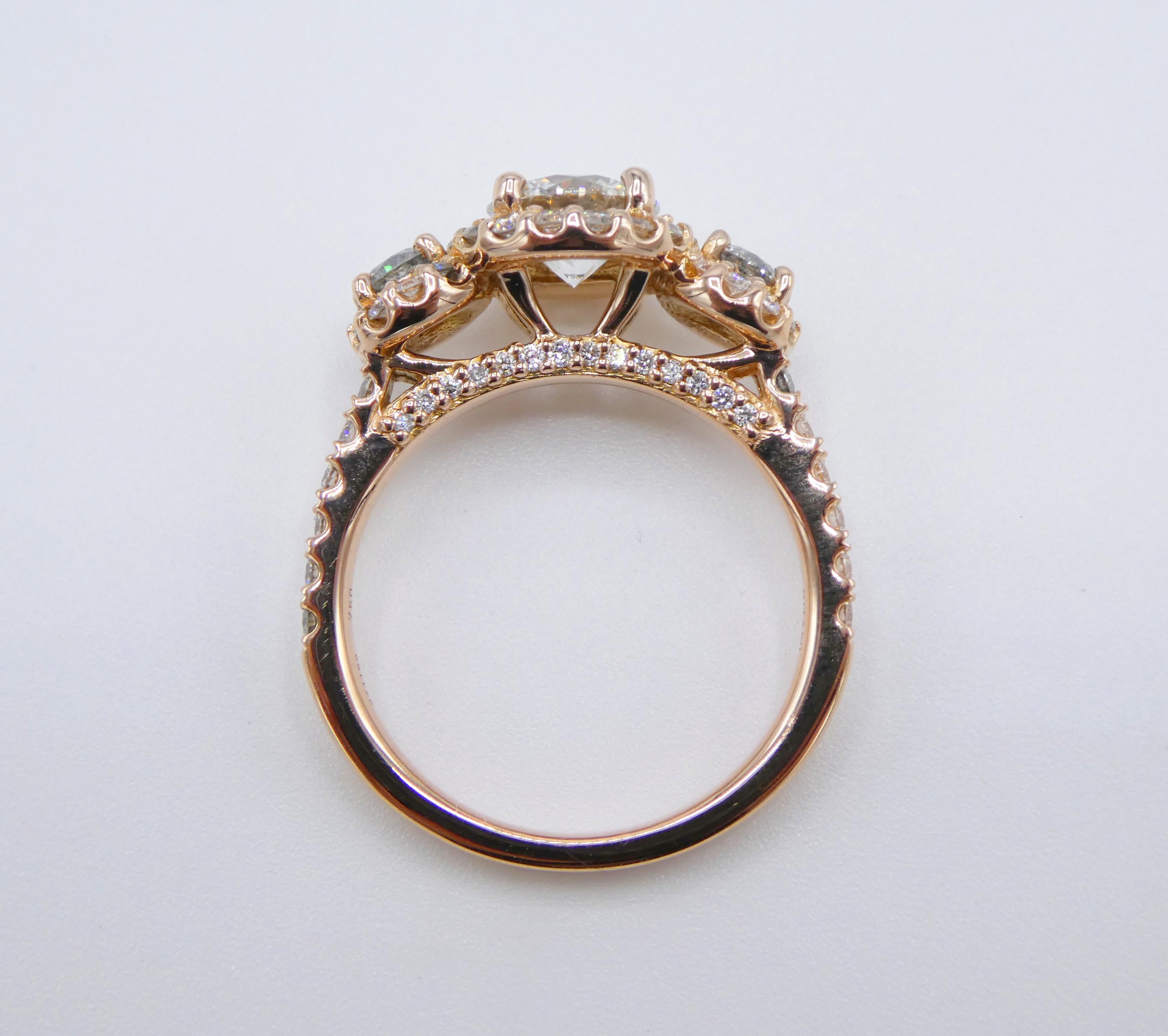 Modern Ritani GIA Certified 0.75 Carat Round 3-Stone Halo Diamond Engagement Ring