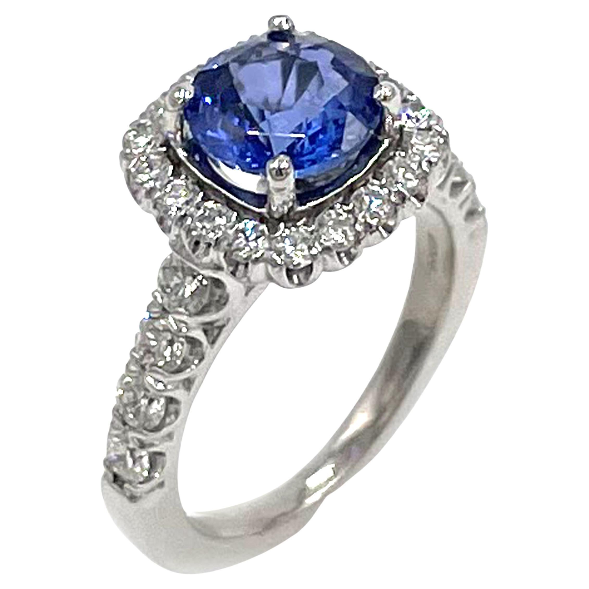 14K White Gold Ritani Masterwork Cushion Halo Ring with Sapphire - GIA Certified For Sale