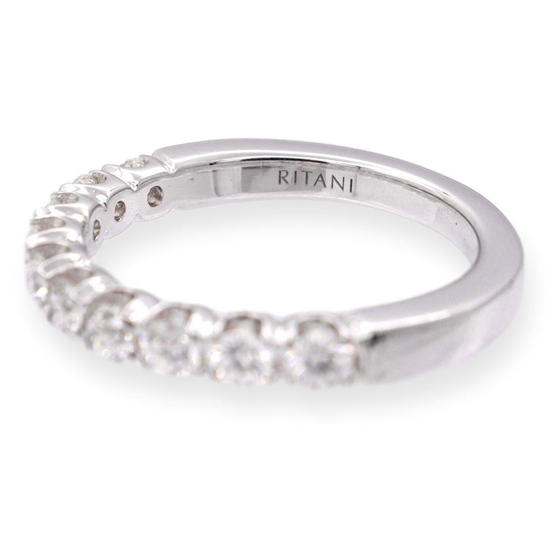 Ritani wedding band ring from the Masterwork collection finely crafted in platinum featuring 10 round brilliant cut diamonds weighing 0.66 carats total weight approximately G-H color, VS2 clarity set in shared prongs with 