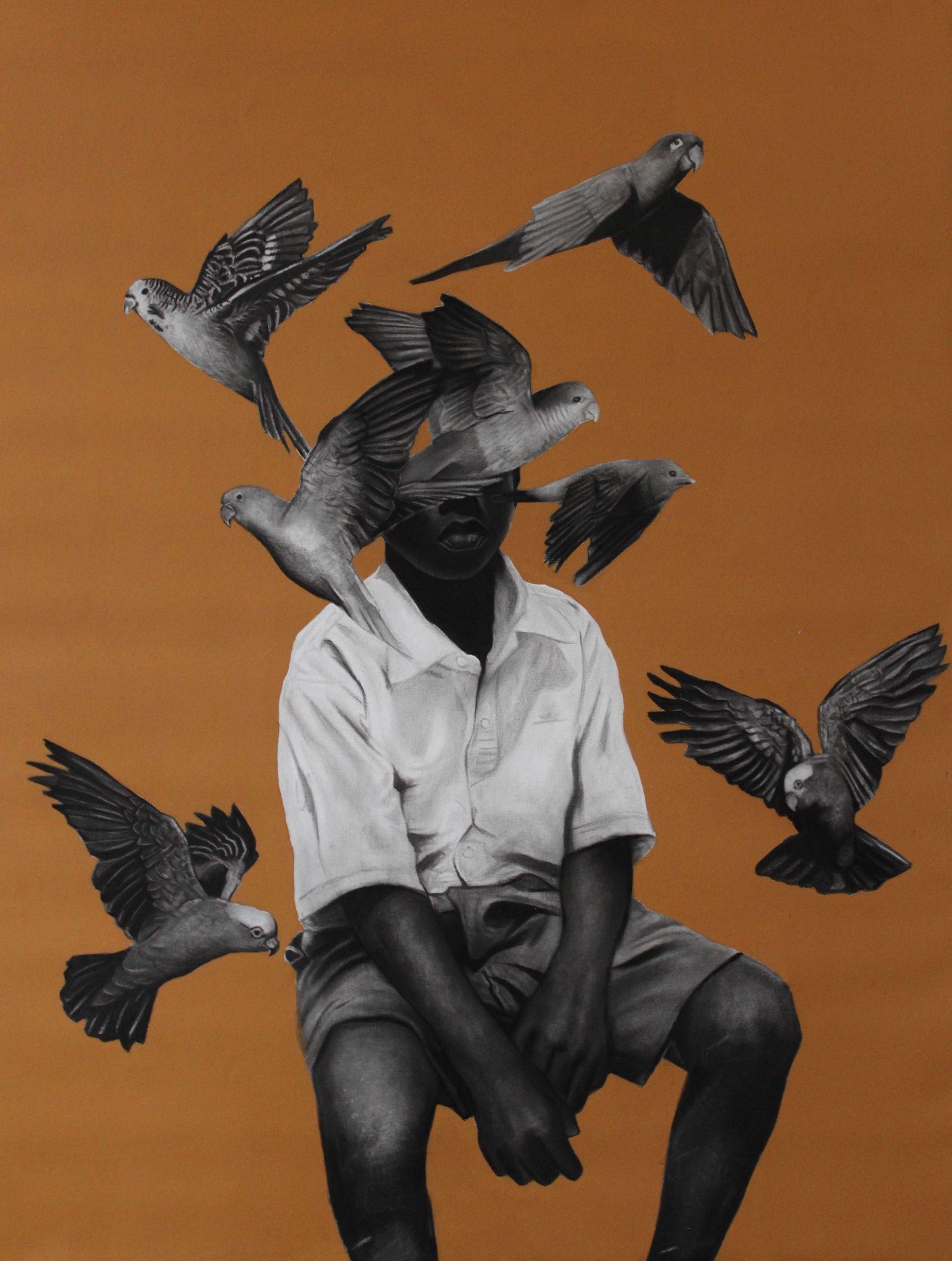 "Criação da Fragilidade" di Ritchelly Oliveira, 2025
Carboncino e acrilico su tela  120 x 90 cm (47,2 x 35 in)
Un'avvincente meditazione sulla presenza e sulla vulnerabilità, "Criação da Fragilidade" di Ritchelly Oliveira invita lo spettatore a un