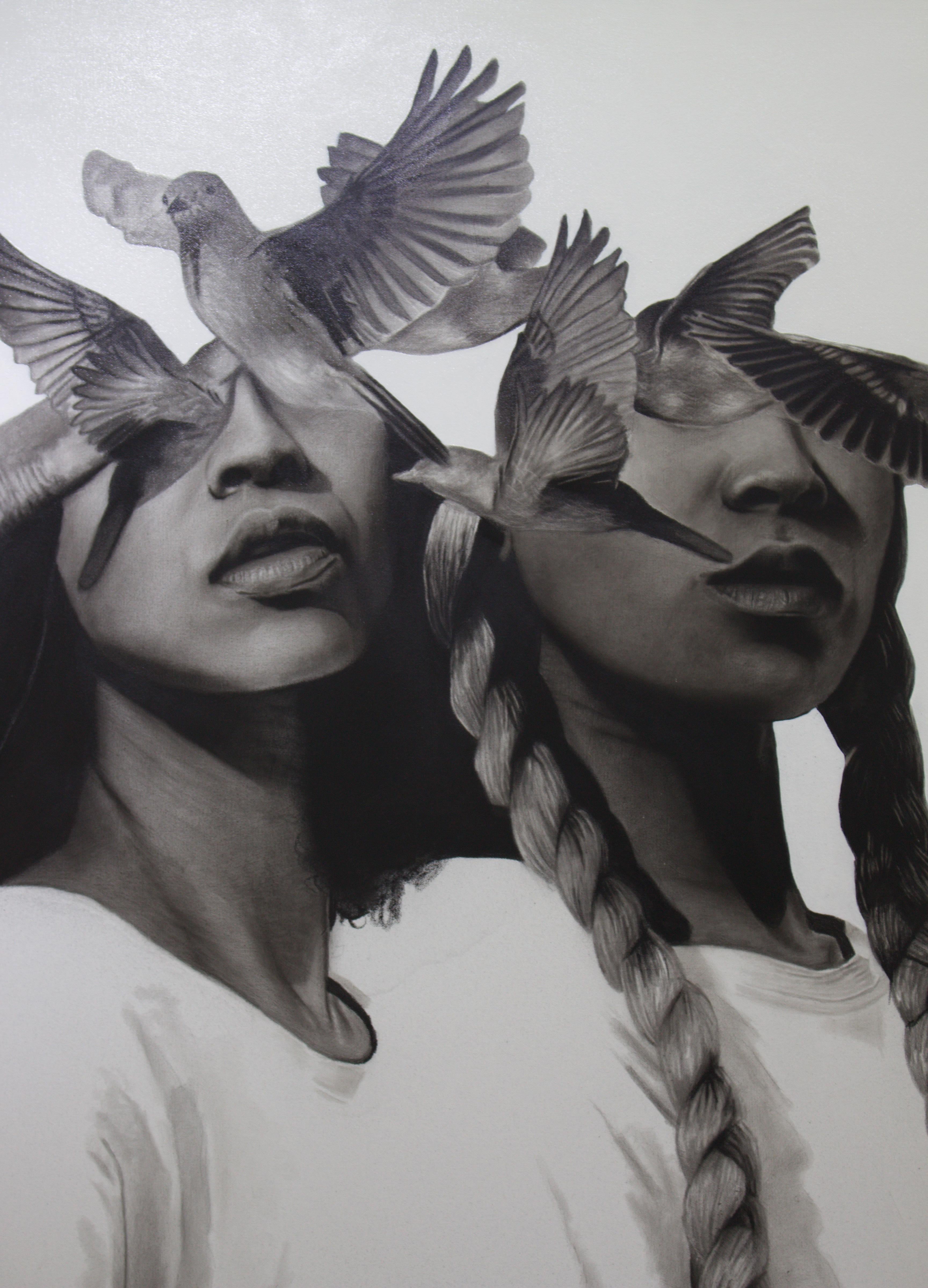 Oiseaux blessés - Beige Portrait Painting par Ritchelly Oliveira