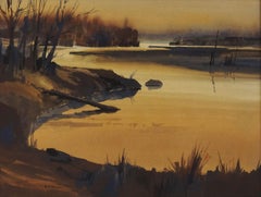 "Misty Lagoon", Monochrome 1970's Lanscape Watercolor