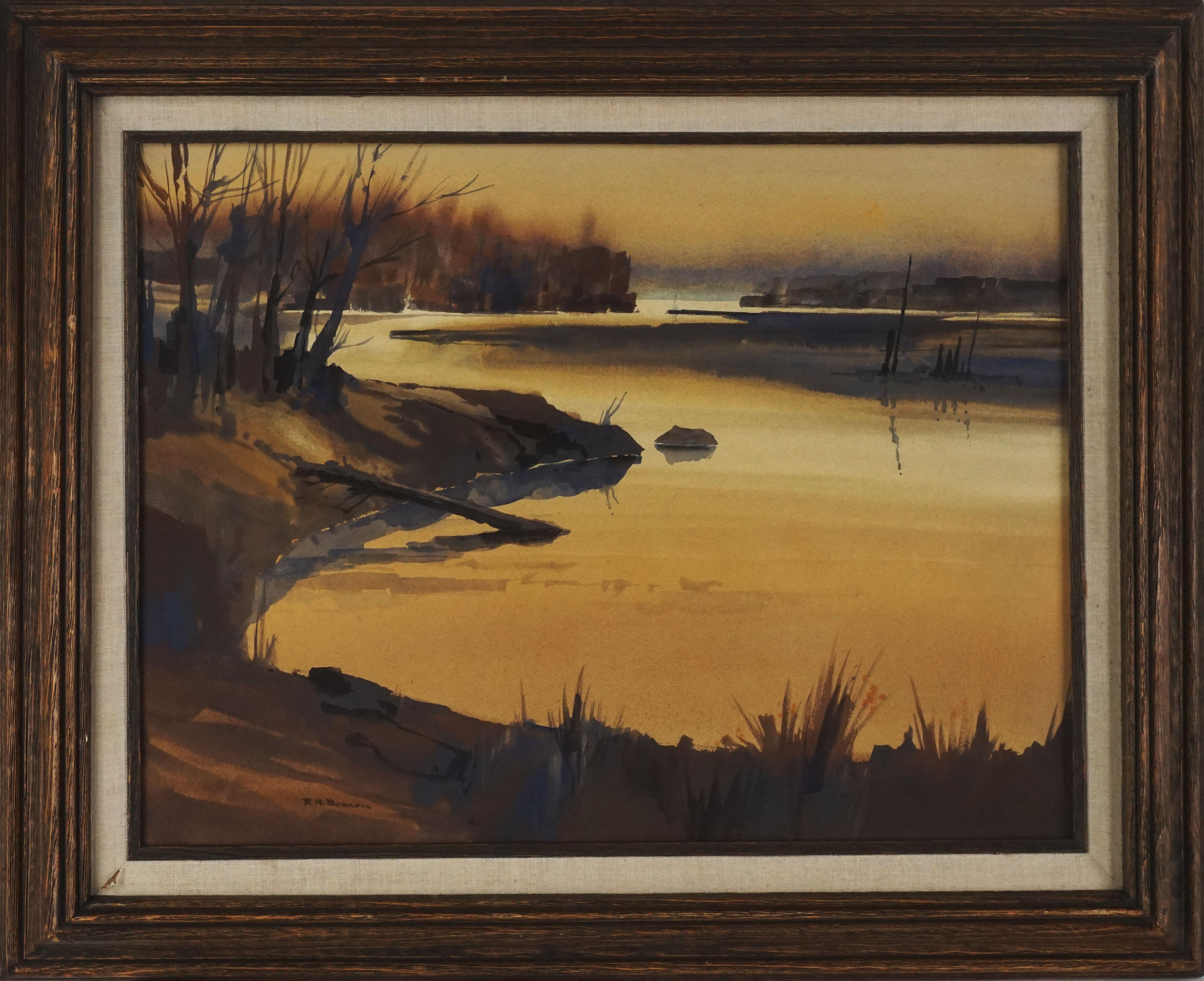 Ritchie A. Benson Landscape Painting - "Misty Lagoon", Monochrome 1970's Lanscape Watercolor 