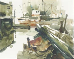 First Light on the Harbor, Vintage Watercolor