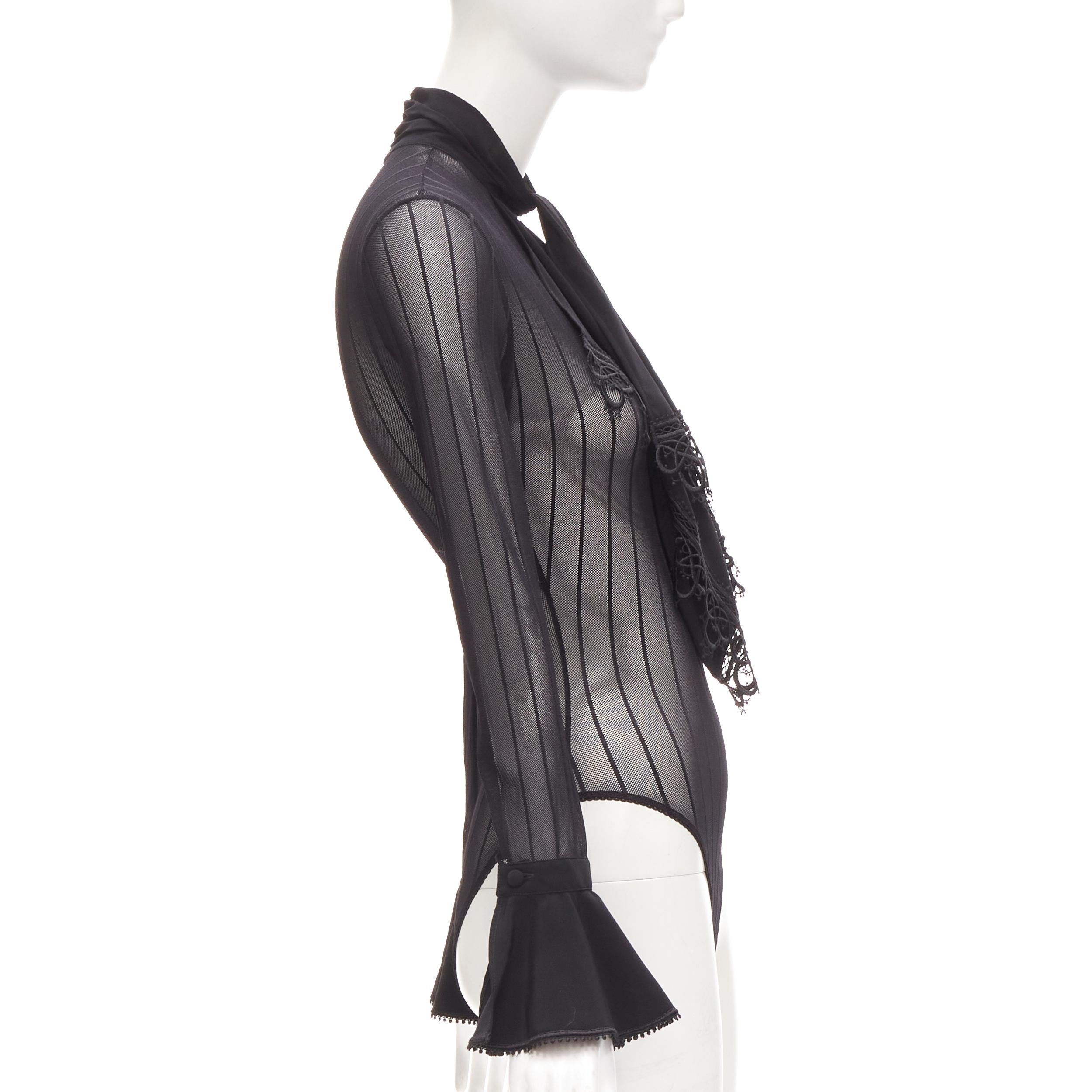 Women's RITMO DI PERLA LA PERLA Vintage black embroidery tie scarf sheer bodysuit IT42 M