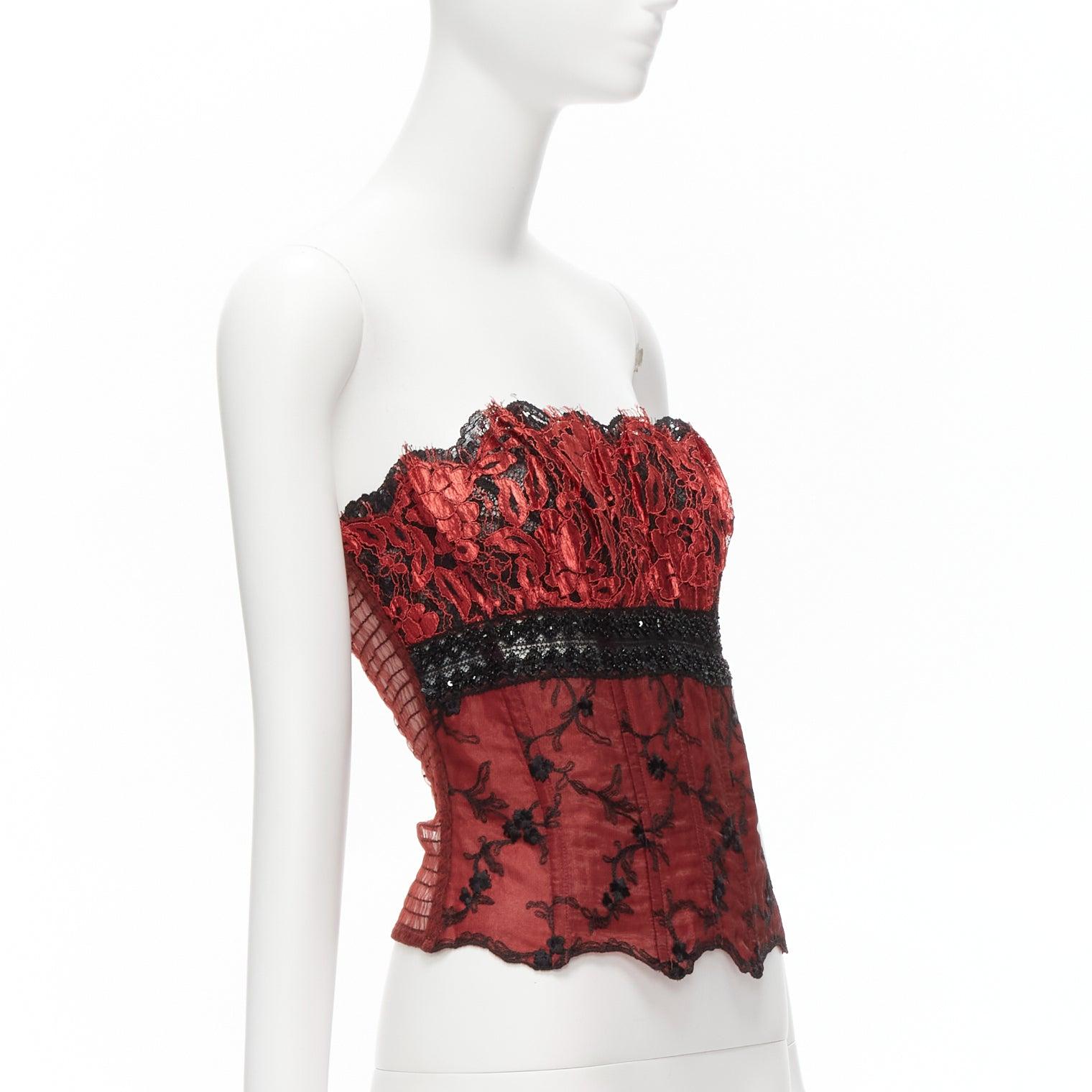 Gray RITMO DI PERLA La Perla Vintage red black beaded lace lurex sheer corset bustier For Sale